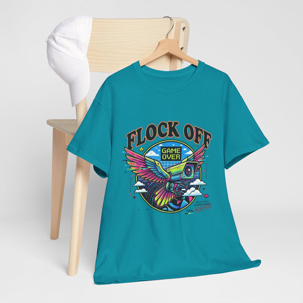 Retro 'Flock Off' Gaming Tee — Colorful Bird Game Over Graphic