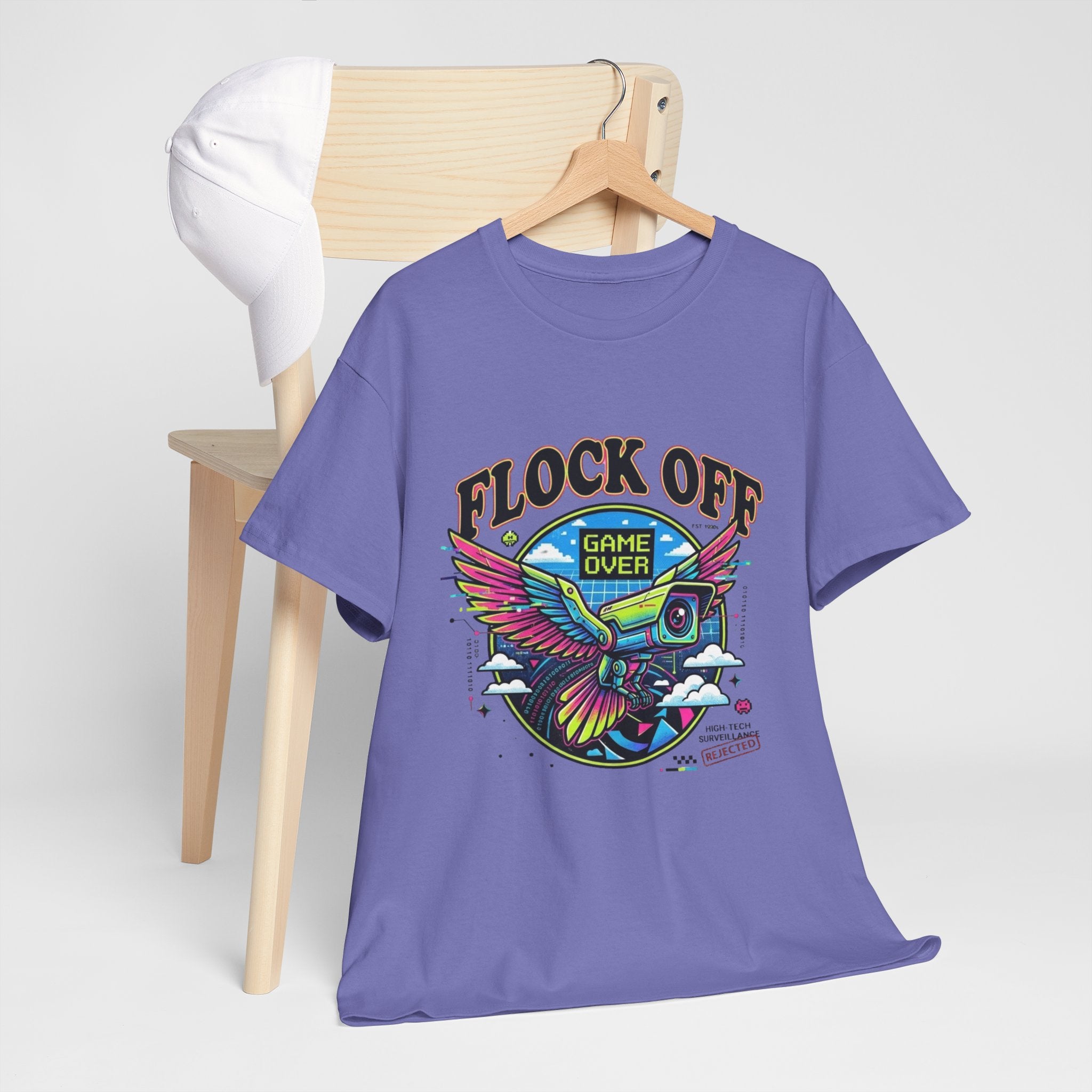 Retro 'Flock Off' Gaming Tee — Colorful Bird Game Over Graphic