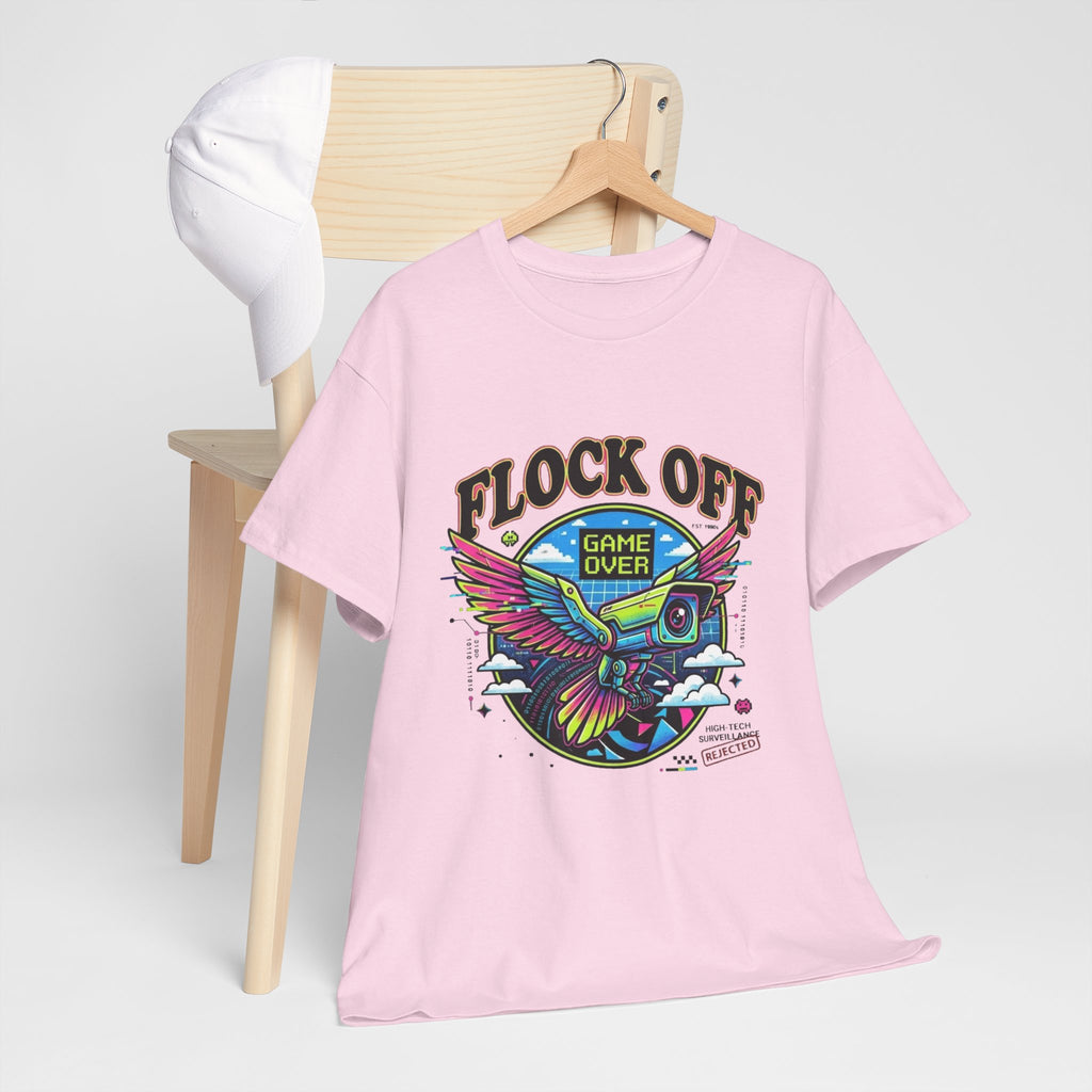Retro 'Flock Off' Gaming Tee — Colorful Bird Game Over Graphic