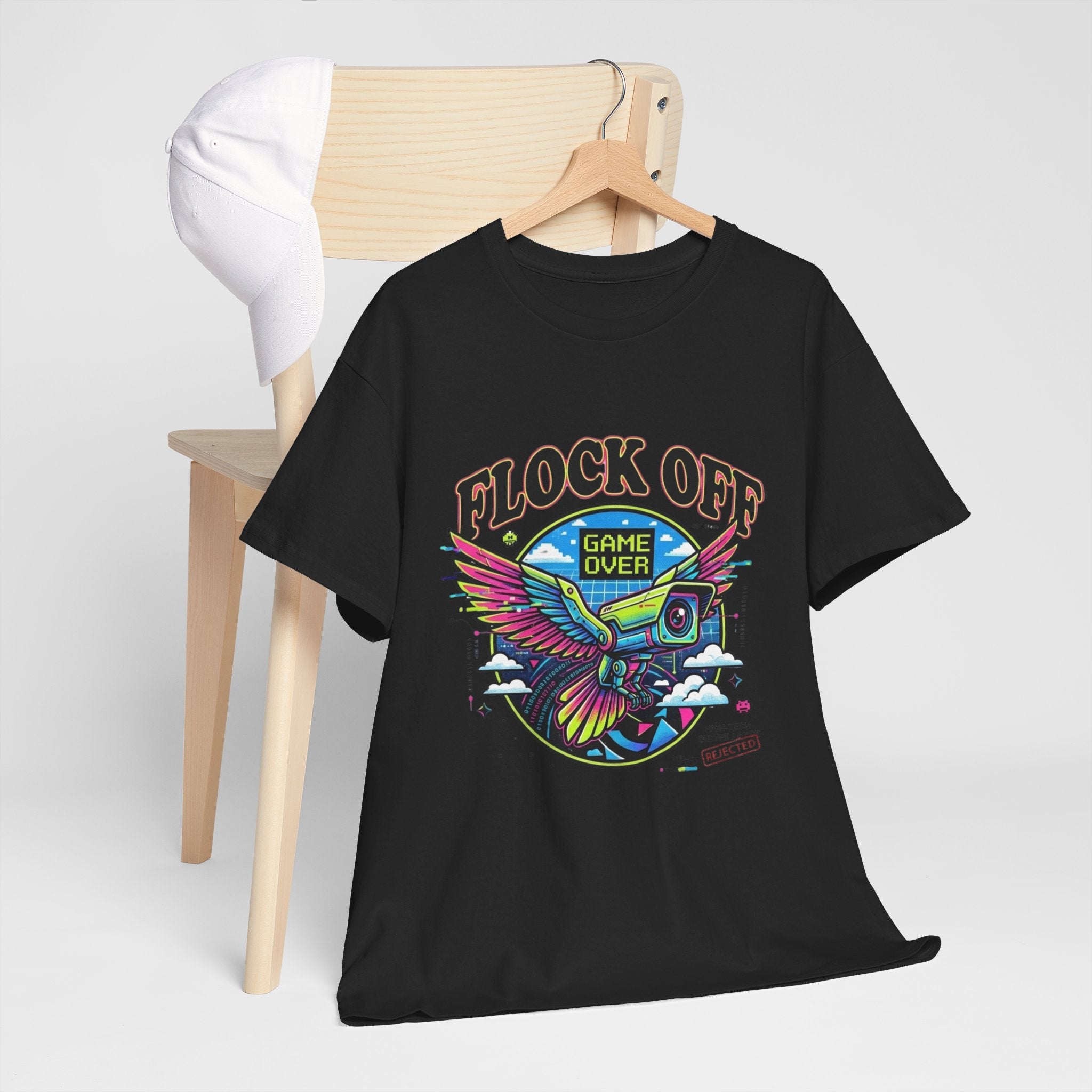 Retro 'Flock Off' Gaming Tee — Colorful Bird Game Over Graphic