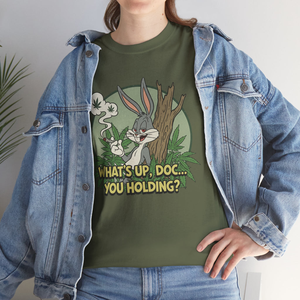 Smirking Stoner Bunny What's Up Doc You Holding? T-Shirt | 80s Cartoon Nostalgia