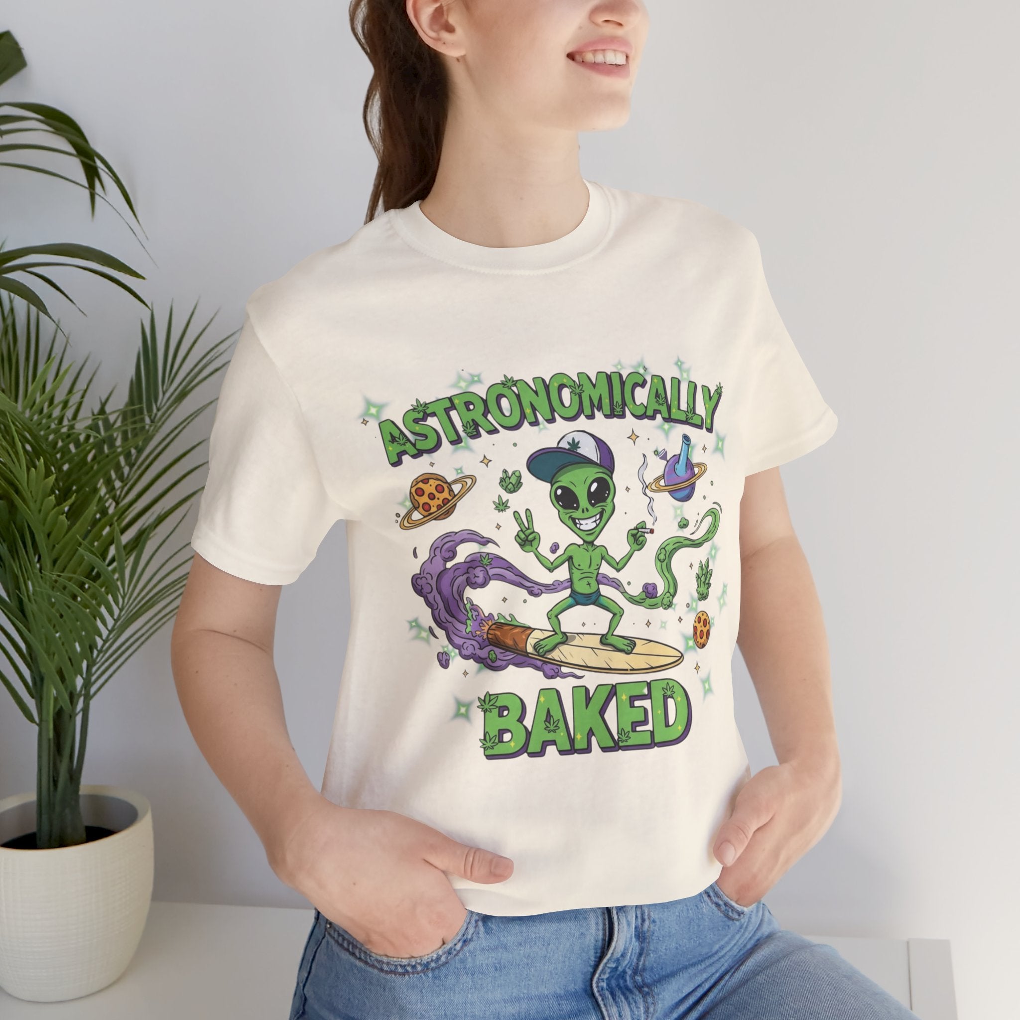Astronomically Baked Alien Stoner Tee, Funny Graphic Tee, Unisex T-Shirt, Quirky Gift for Space Lovers, Birthday Gift Idea, 420 Weed Lover
