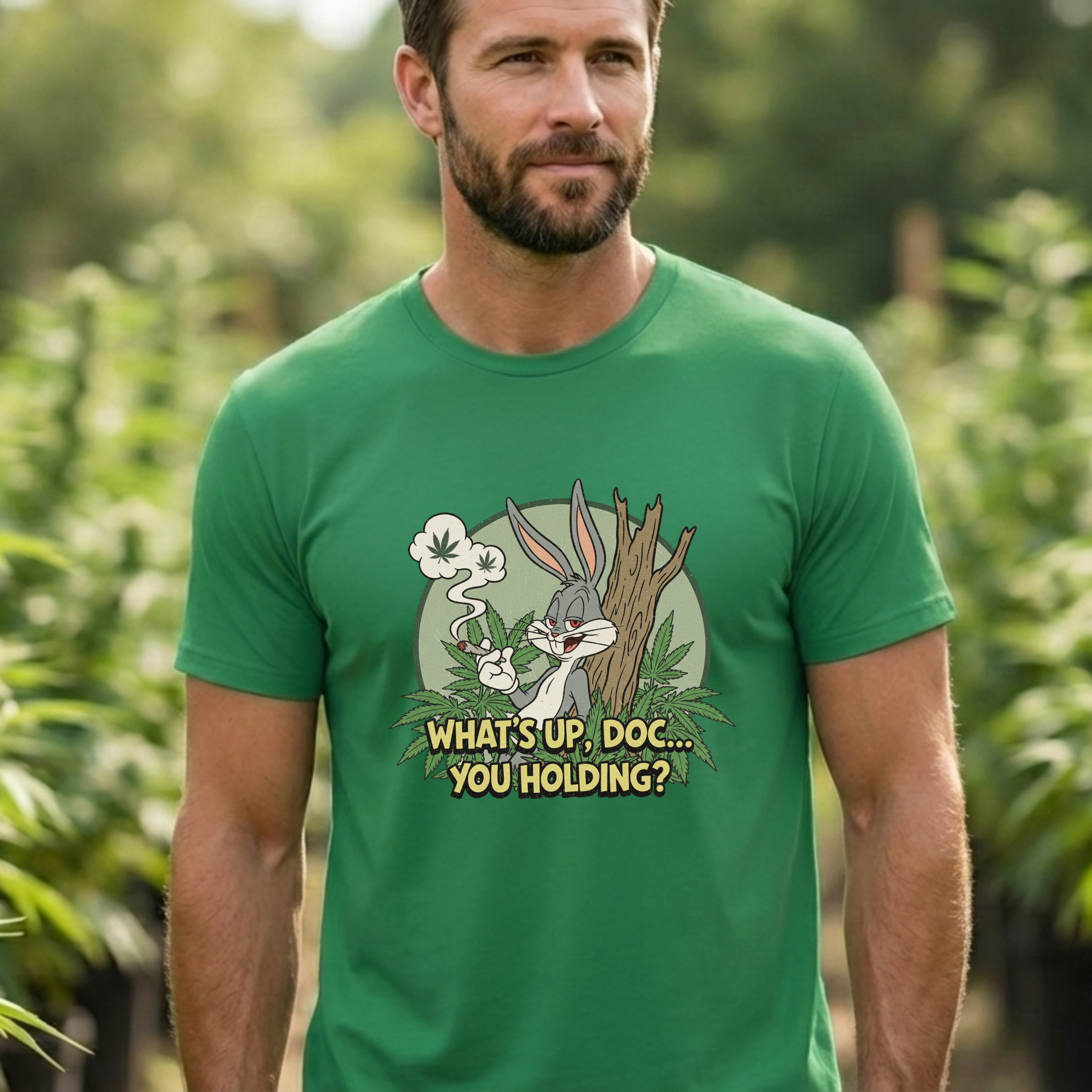 Smirking Stoner Bunny What's Up Doc You Holding? T-Shirt | 80s Cartoon Nostalgia