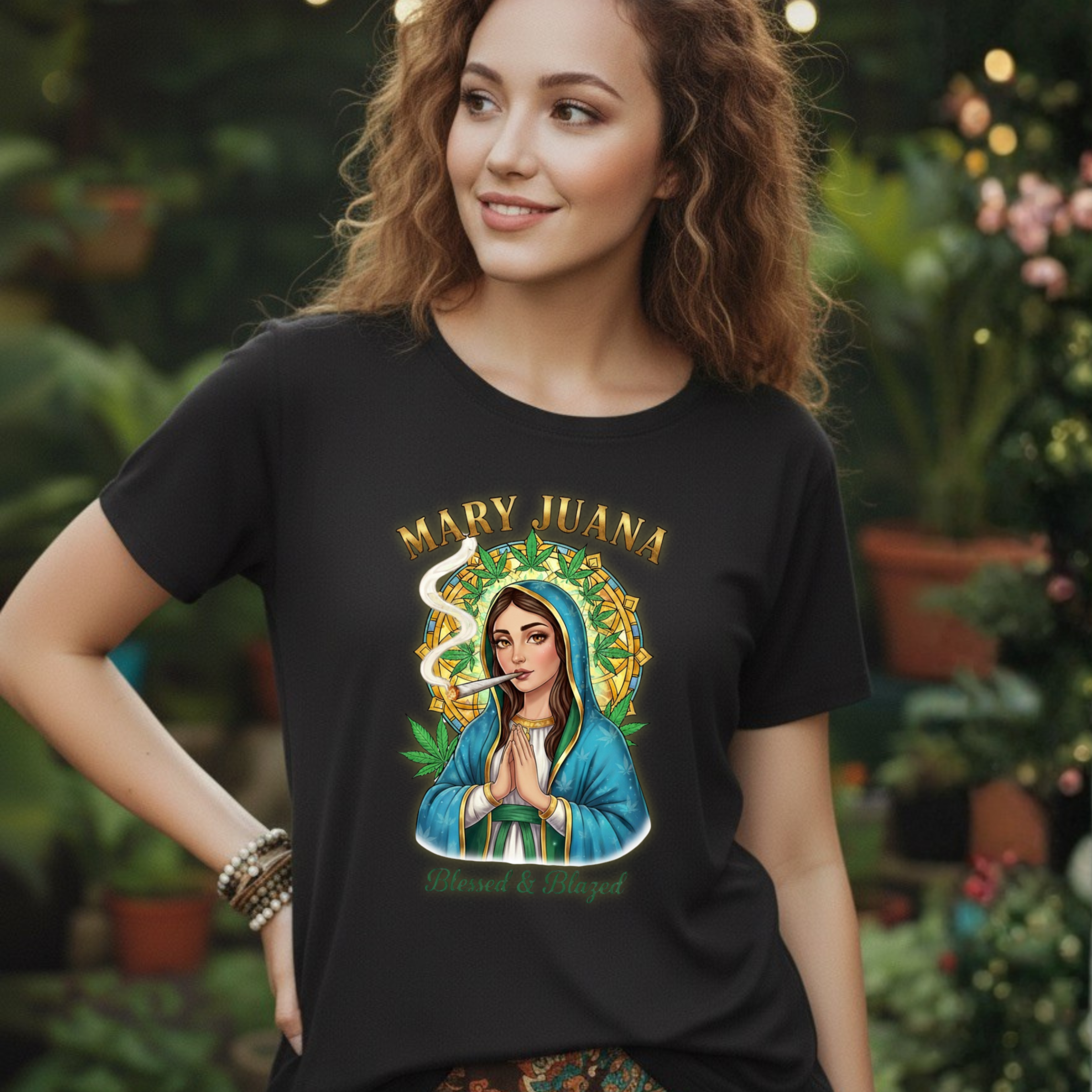 Mary Juana Virgin Mary Illustration T-Shirt | 420 Devotional Tee