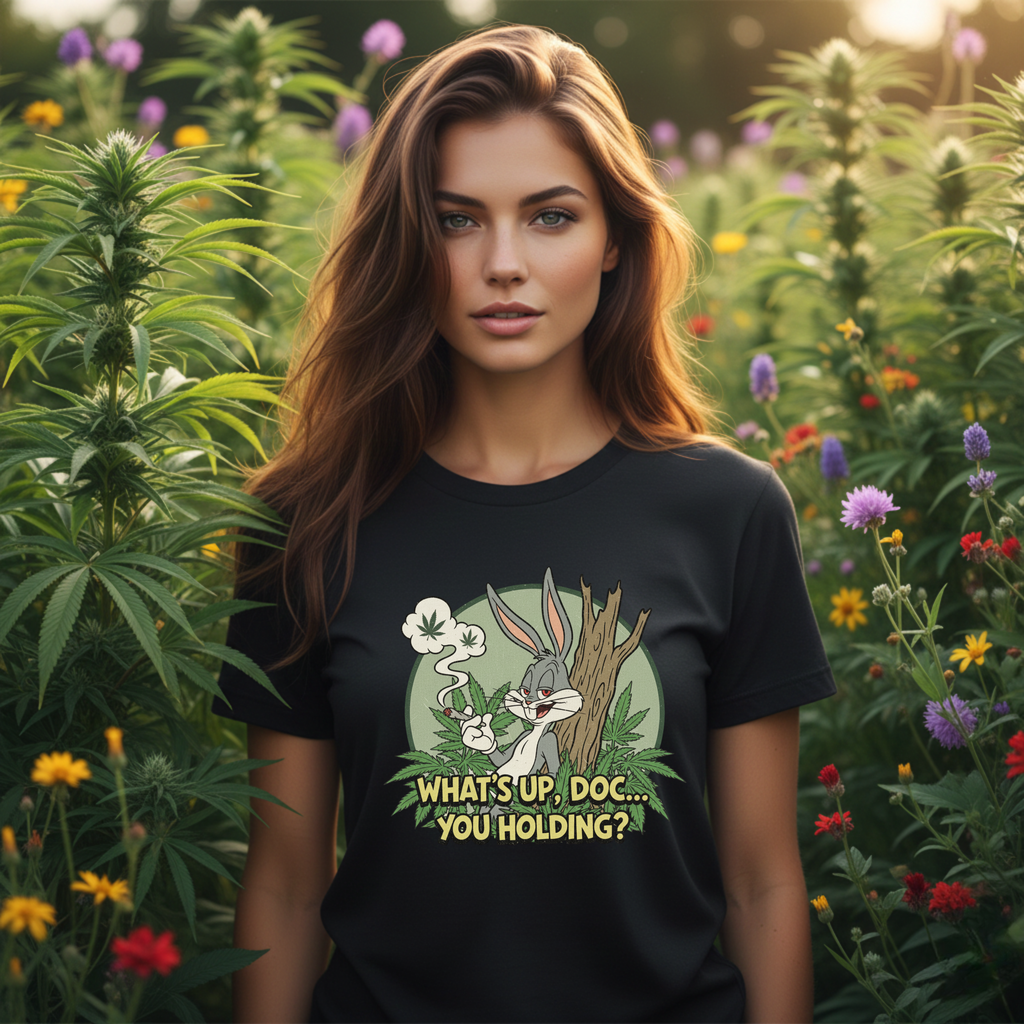 Smirking Stoner Bunny What's Up Doc You Holding? T-Shirt | 80s Cartoon Nostalgia