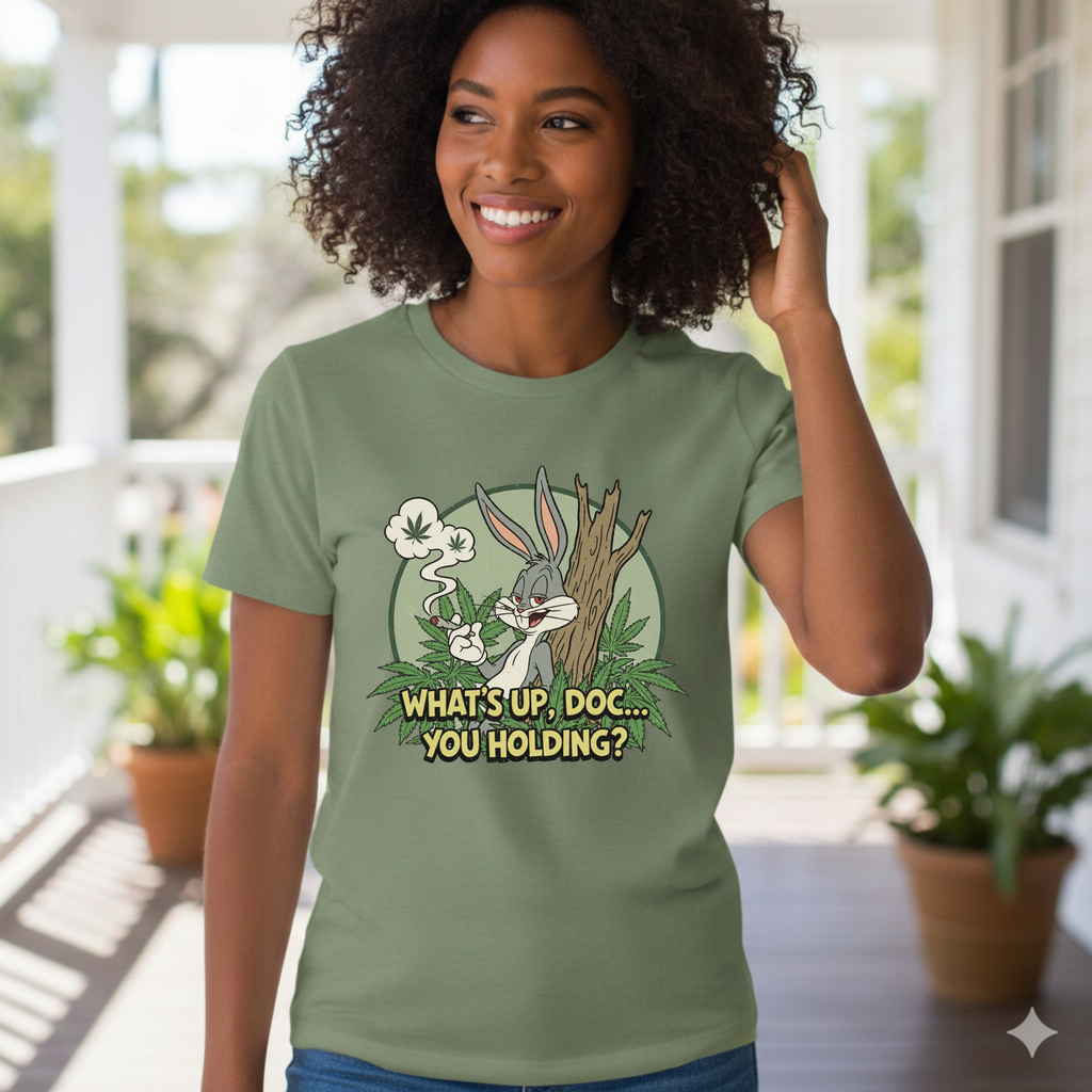 Smirking Stoner Bunny What's Up Doc You Holding? T-Shirt | 80s Cartoon Nostalgia