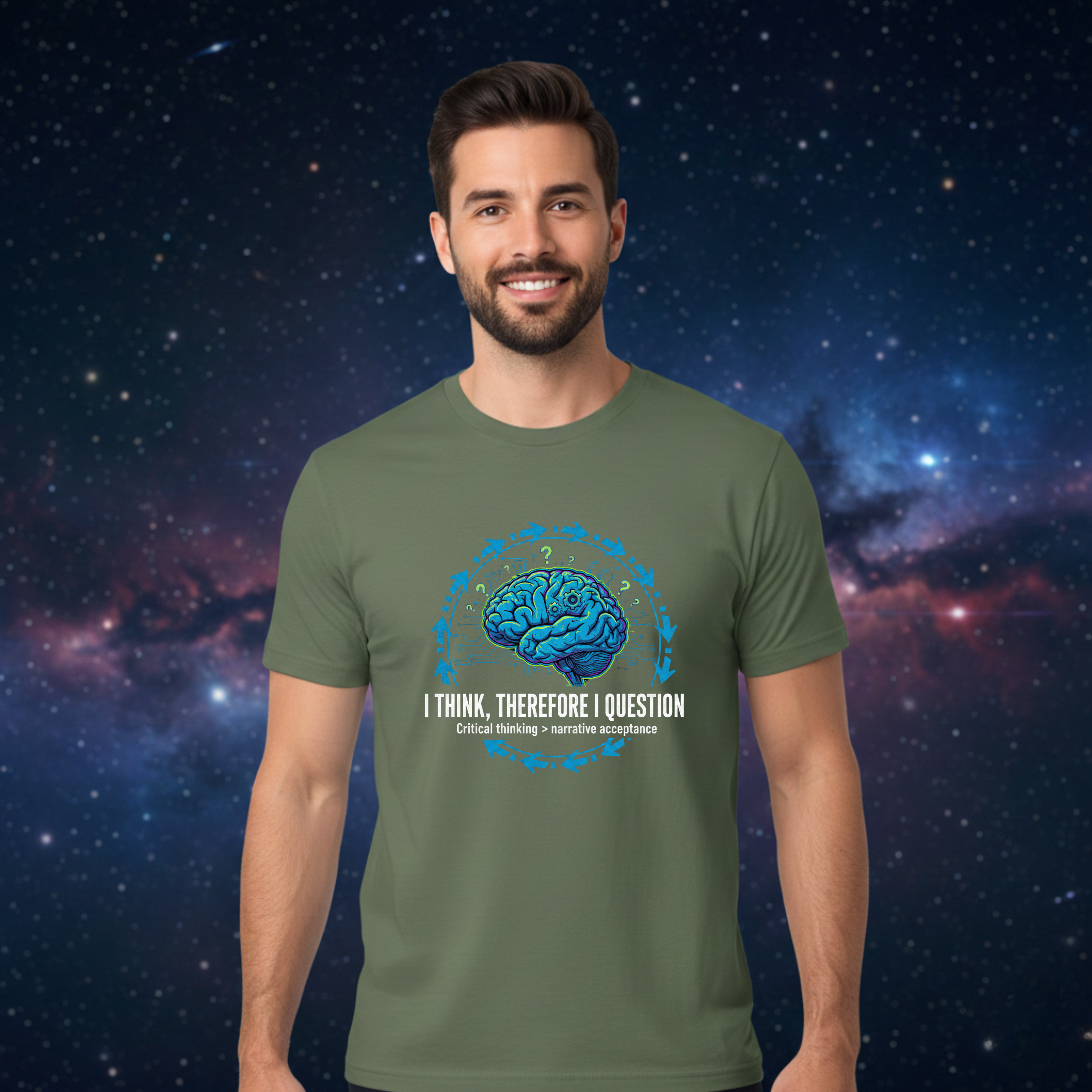 I Think Therefore I Question brain graphic Tee | Critical Thinking Shirt