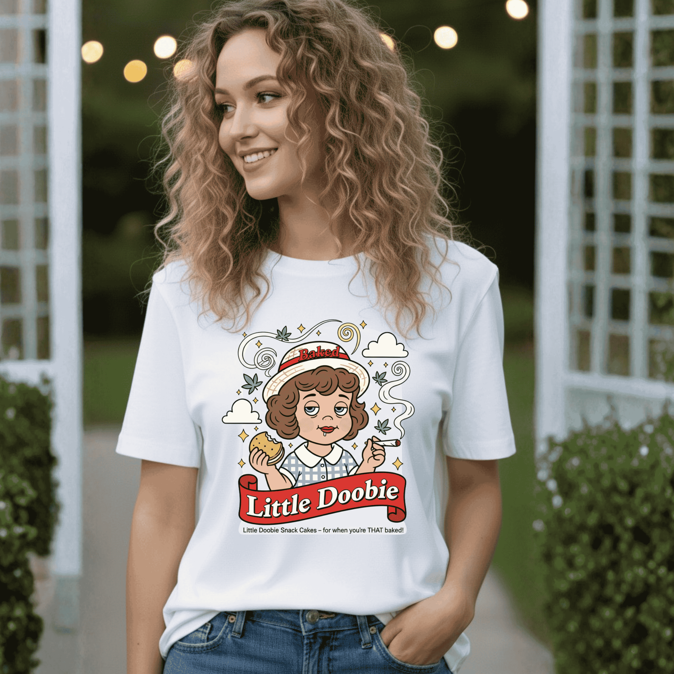 Little Doobie Cartoon Girl Tee | Vintage Snack Retro Logo T-Shirt, Stoner munchie humor