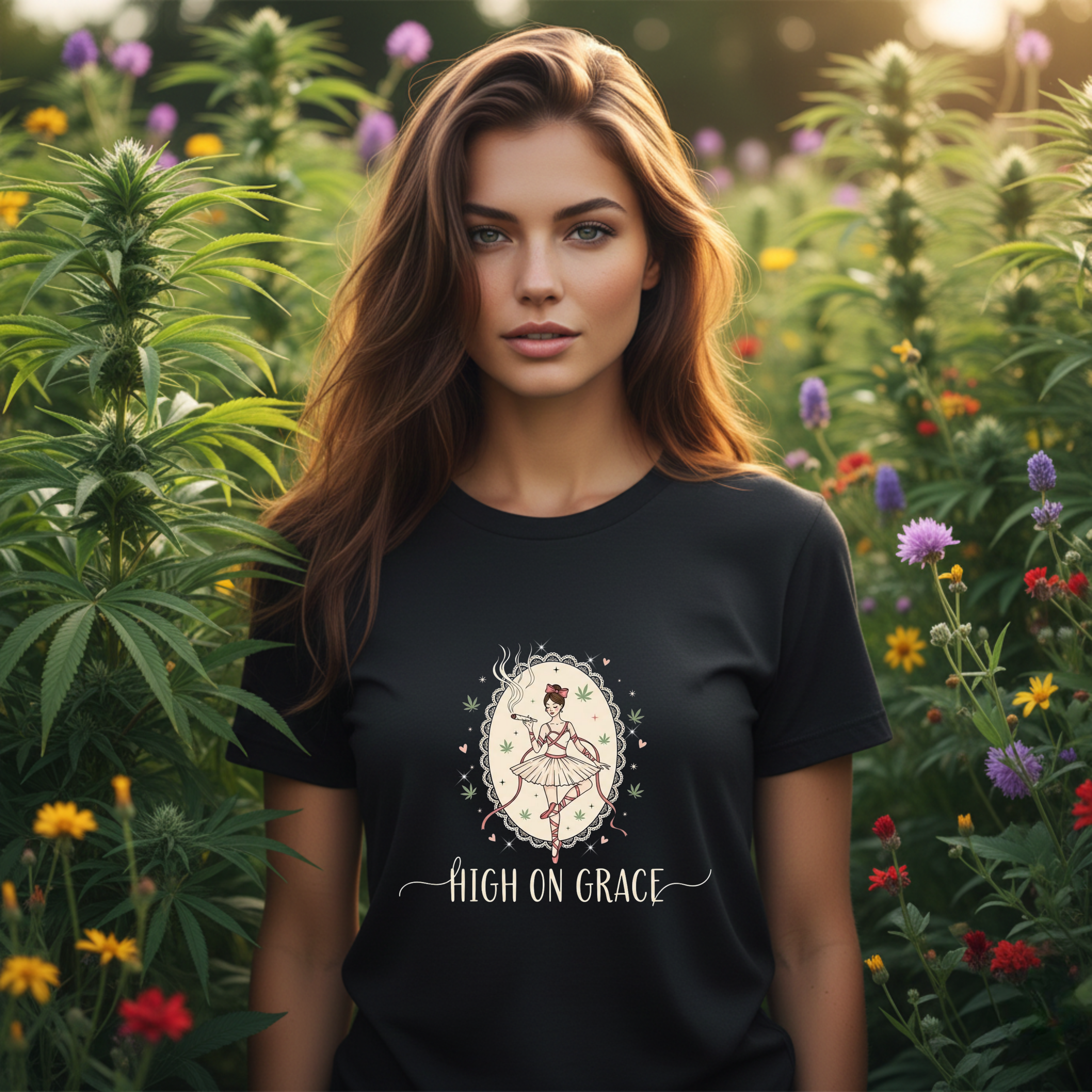 High on Grace Ballerina Illustration Tee Vintage Floral Croquette Style Stoner Shirt
