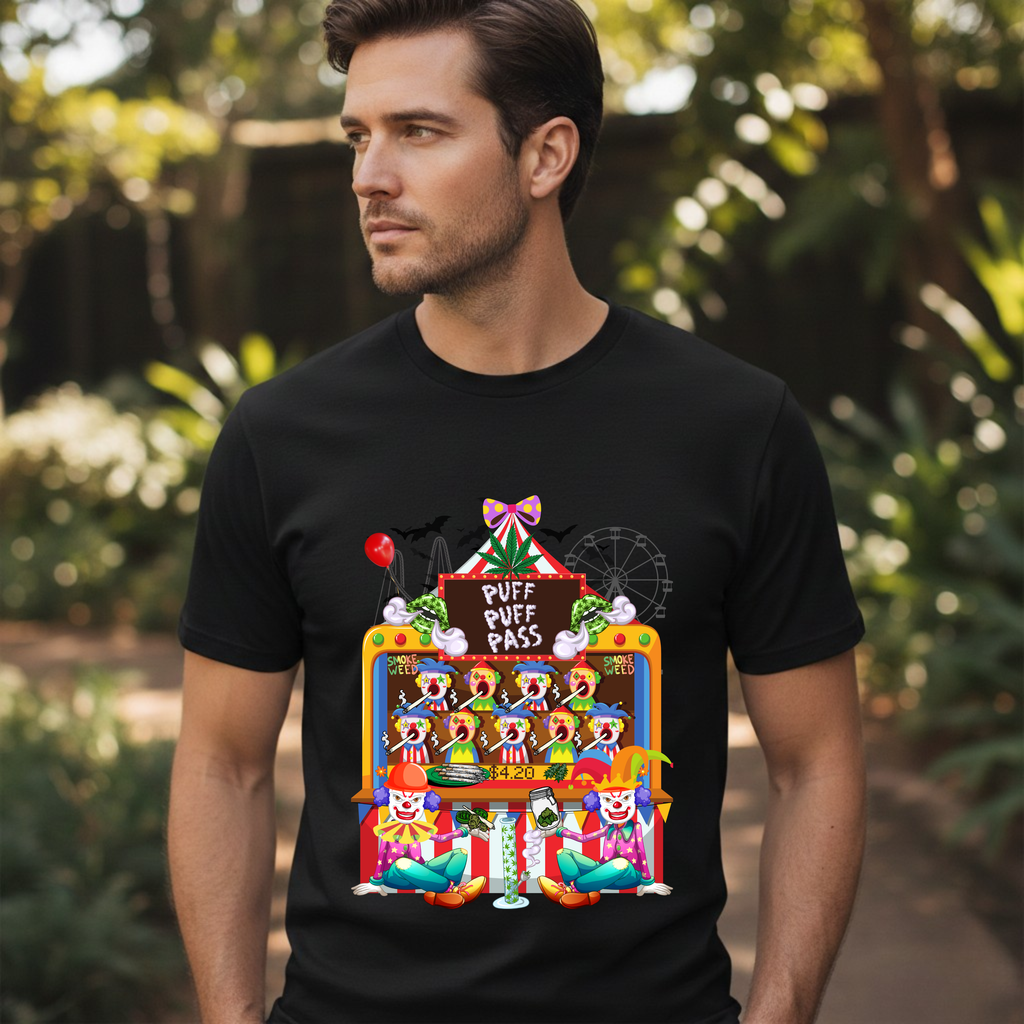 Puff Puff Pass -Colorful Clown Graphic Stoner Tee, Fun Festival T-Shirt, Carnival Top, Playful Party Apparel