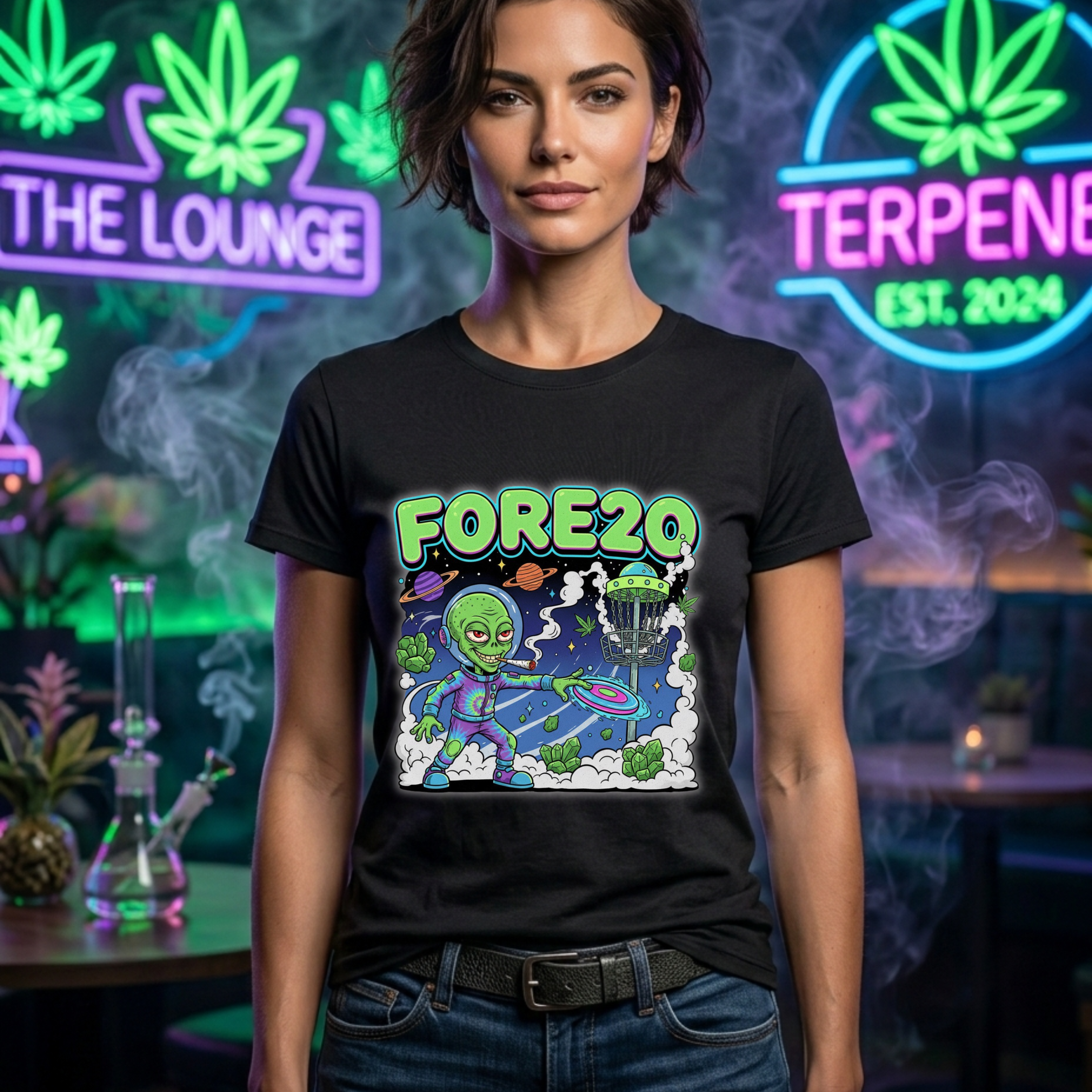 Fore20 Alien Disc Golf Themed Tee, Graphic T Shirt, Fun Casual Wear, Summer T-Shirt, Gifts for Science Fiction Lovers, Unique Stoner Tee 420