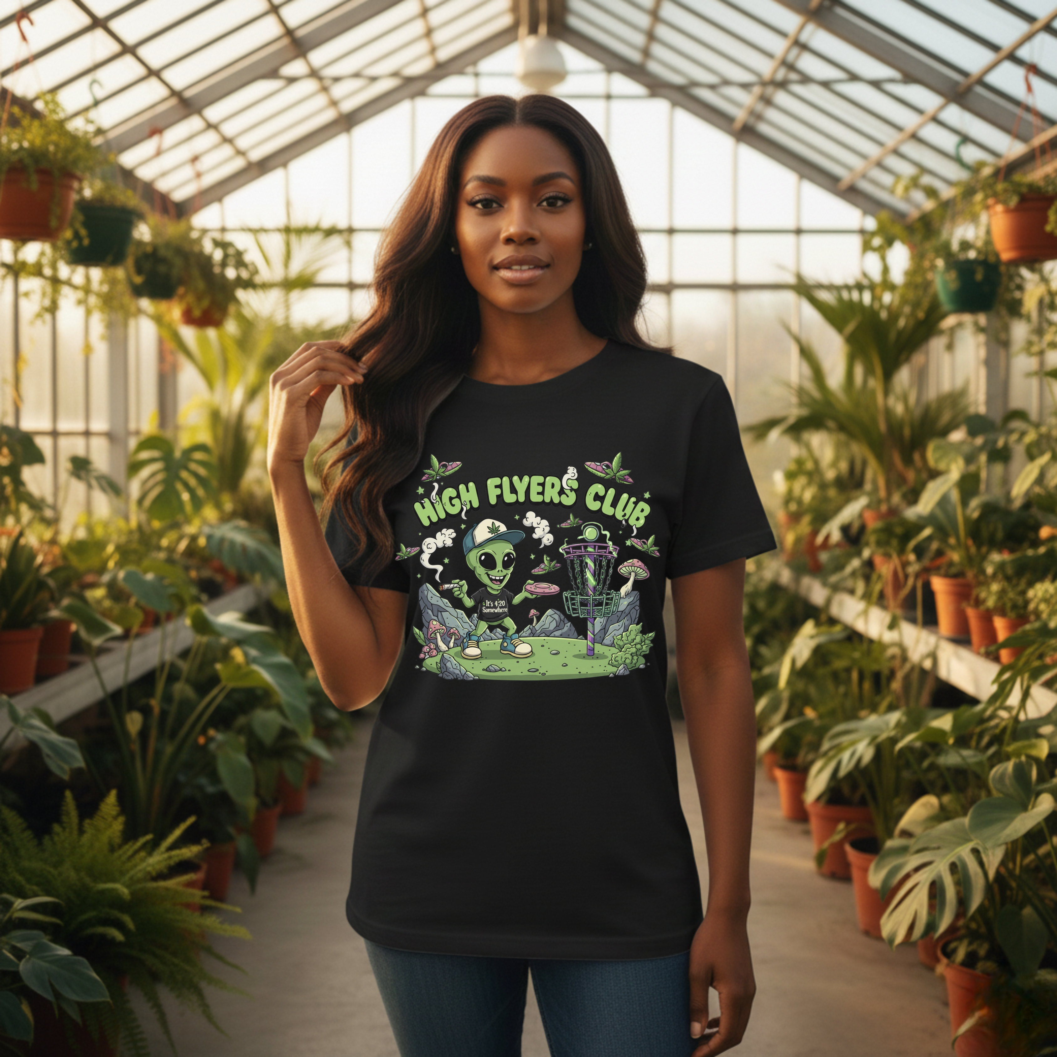 Stoner Alien High Flyers Disc Golf Tee, Funny Unique Space Tee, Cool Graphic Tee for Disc Golf Lovers, Gift for Sport Enthusiasts, Unique