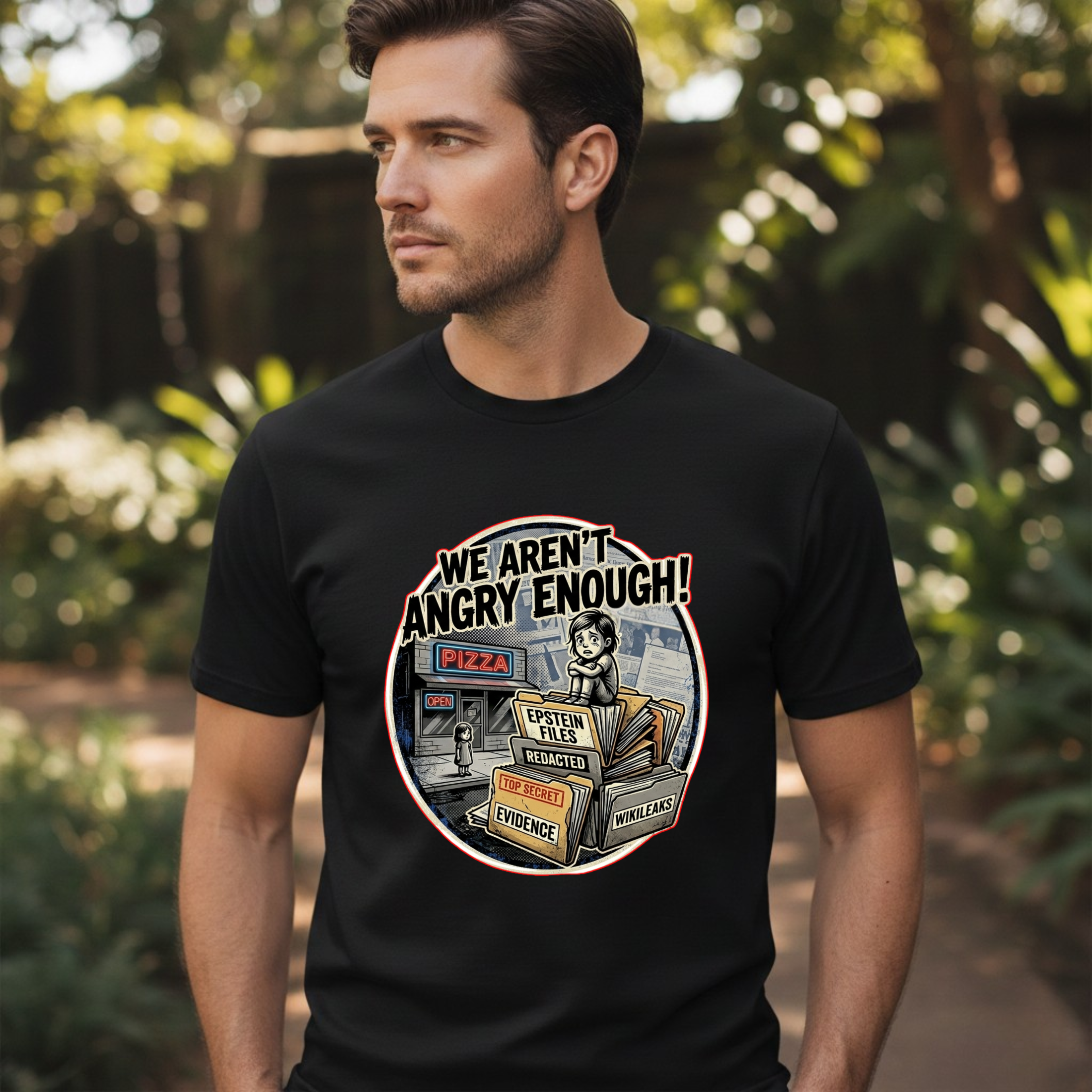 Protest Pizza Box Conspiracy Save the Children T-Shirt | Vintage Riot Art