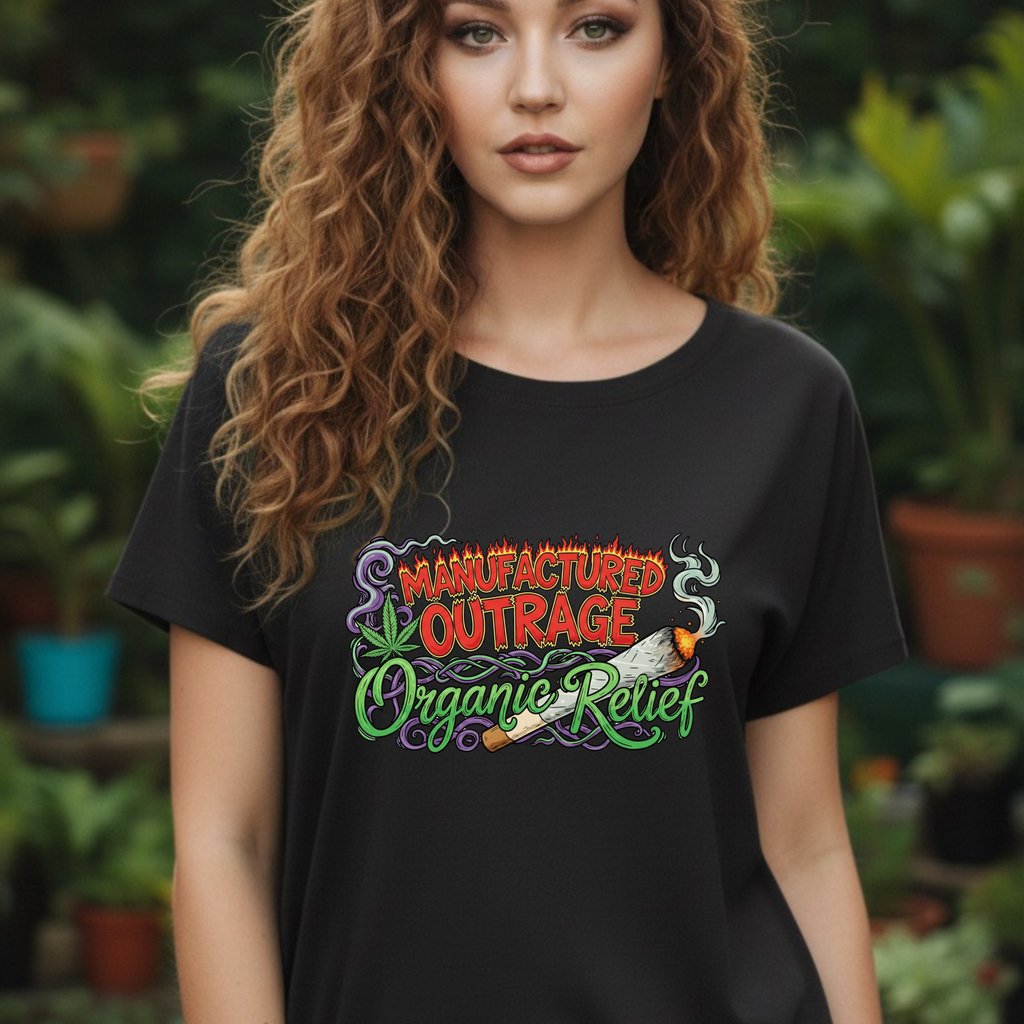Manufactured Outrage Organic Relief T‑Shirt — Psychedelic Stoner Script Graphic Tee