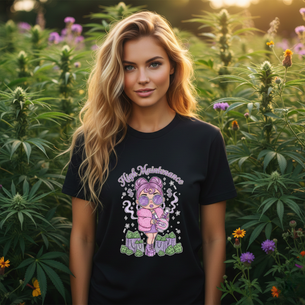 Funny High Maintenance Stoner Unisex Tee, Shopping Graphic Shirt for Men and Women, Hippie Gift, Humorous Tee, Cotton T-Shirt