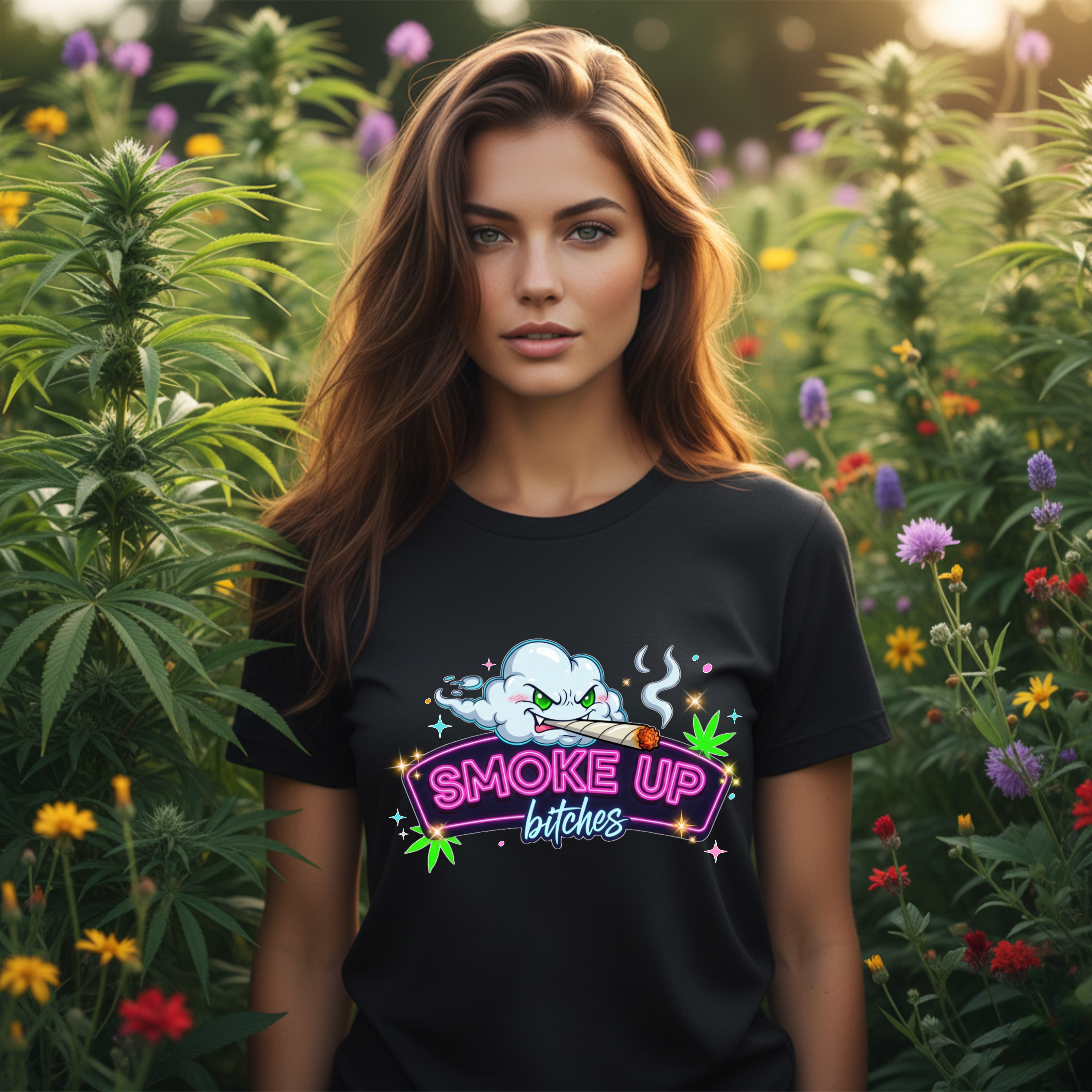 Smoke Up Bitches Retro Neon Cannabis Tee