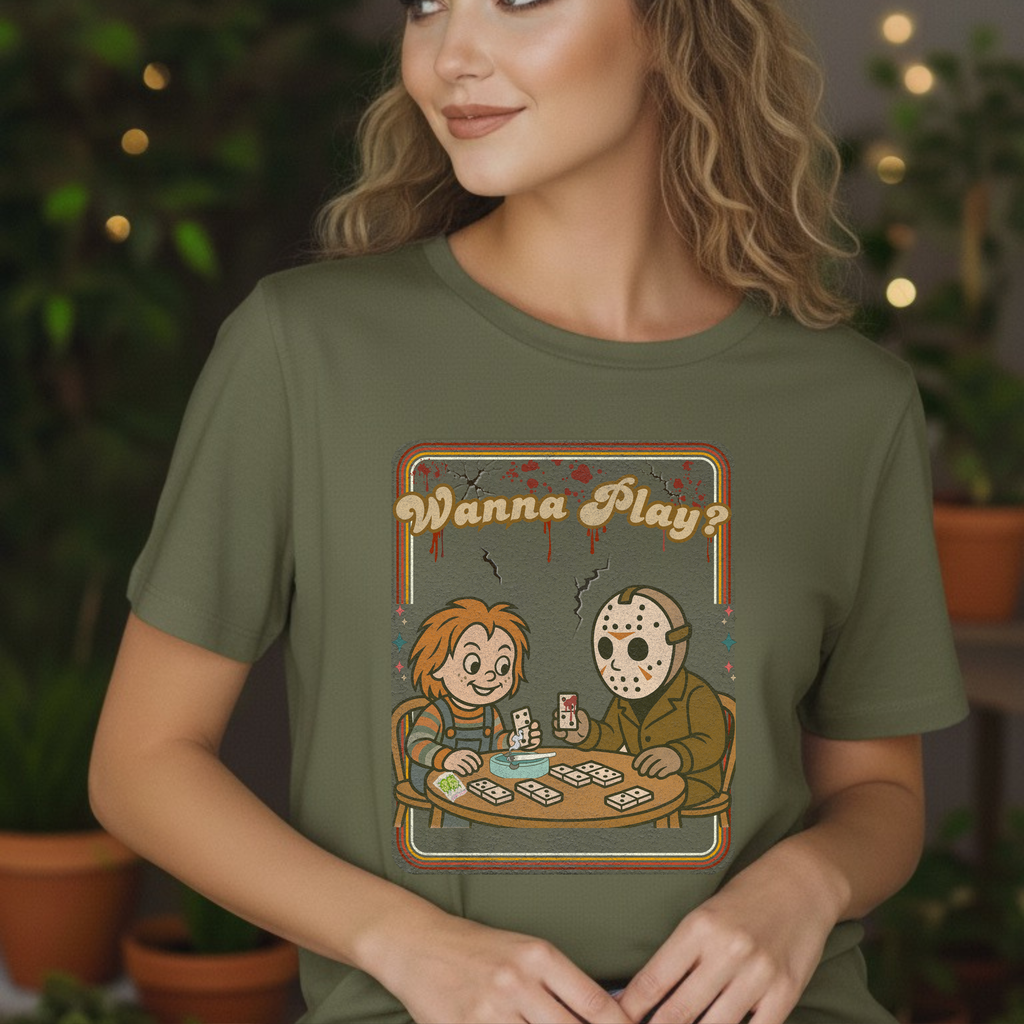 Wanna Play? Chucky and Jason Shirt, Fun Unisex Cotton Tee, Cool Graphic T-Shirt, Perfect Gift for Horror Fans, Unique