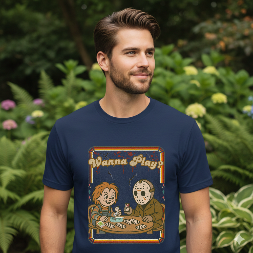 Wanna Play? Chucky and Jason Shirt, Fun Unisex Cotton Tee, Cool Graphic T-Shirt, Perfect Gift for Horror Fans, Unique