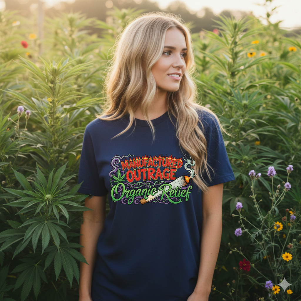 Manufactured Outrage Organic Relief T‑Shirt — Psychedelic Stoner Script Graphic Tee