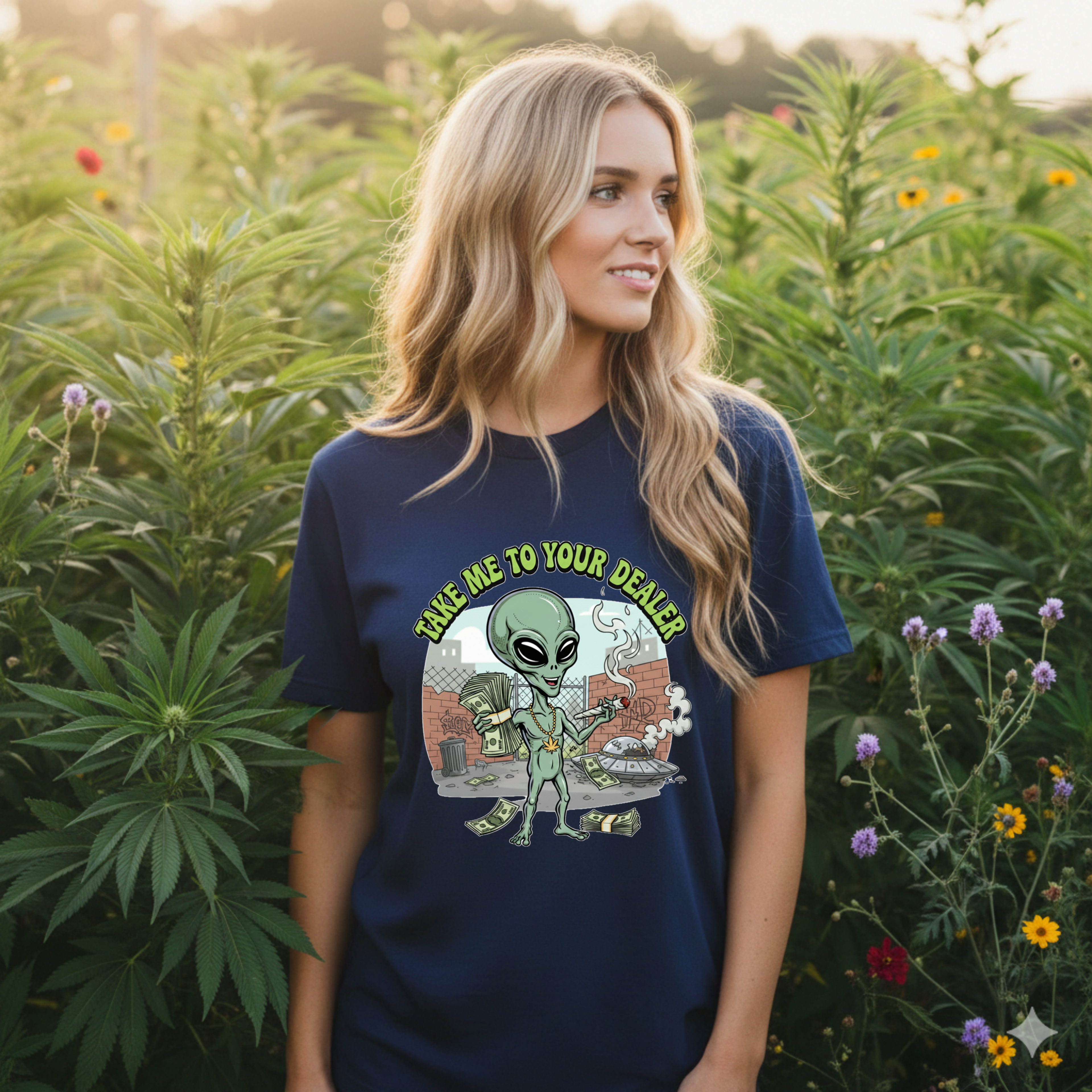Take Me to Your Dealer Retro UFO Graphic Tee — Funny 420 Alien Cannabis T-Shirt