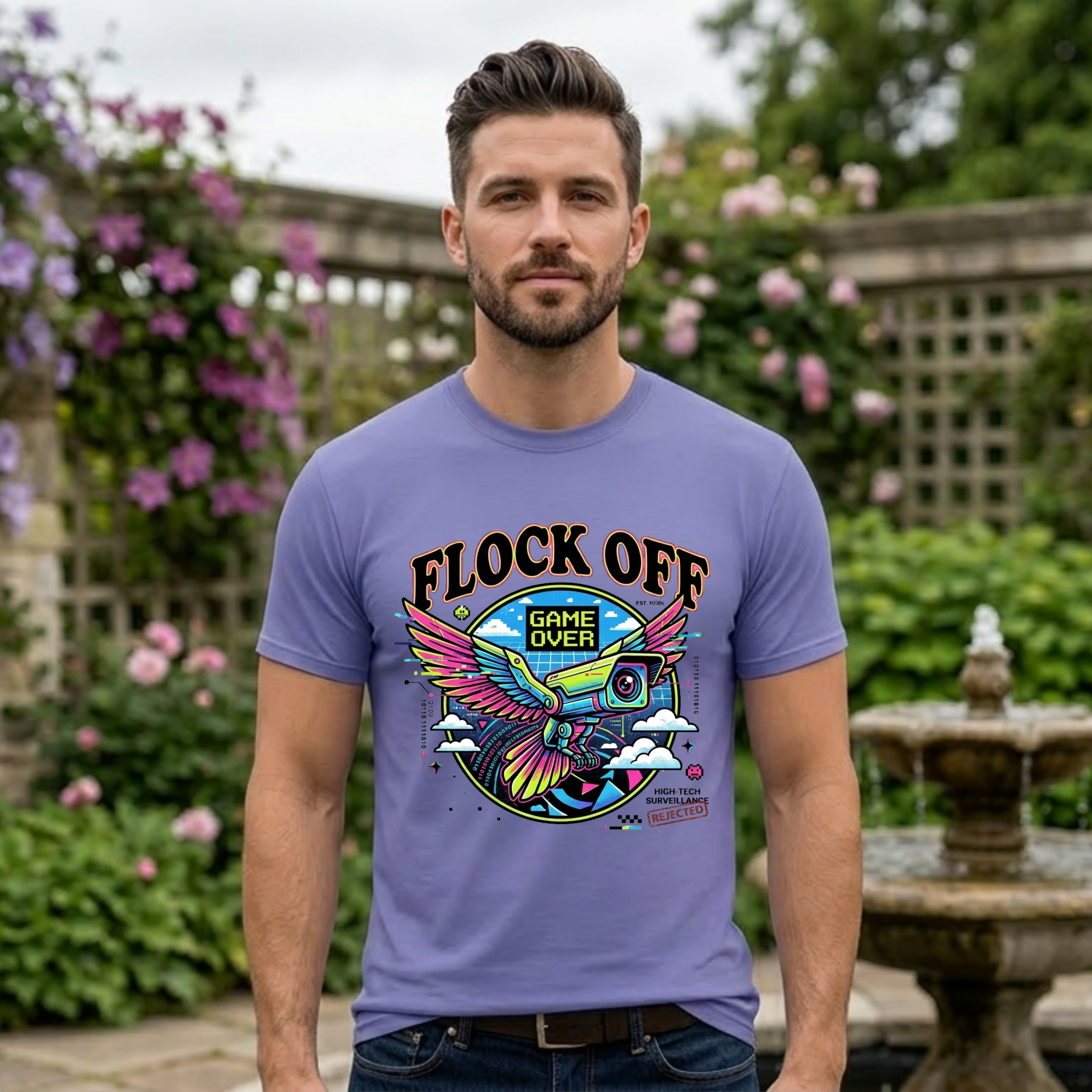 Retro 'Flock Off' Gaming Tee — Colorful Bird Game Over Graphic