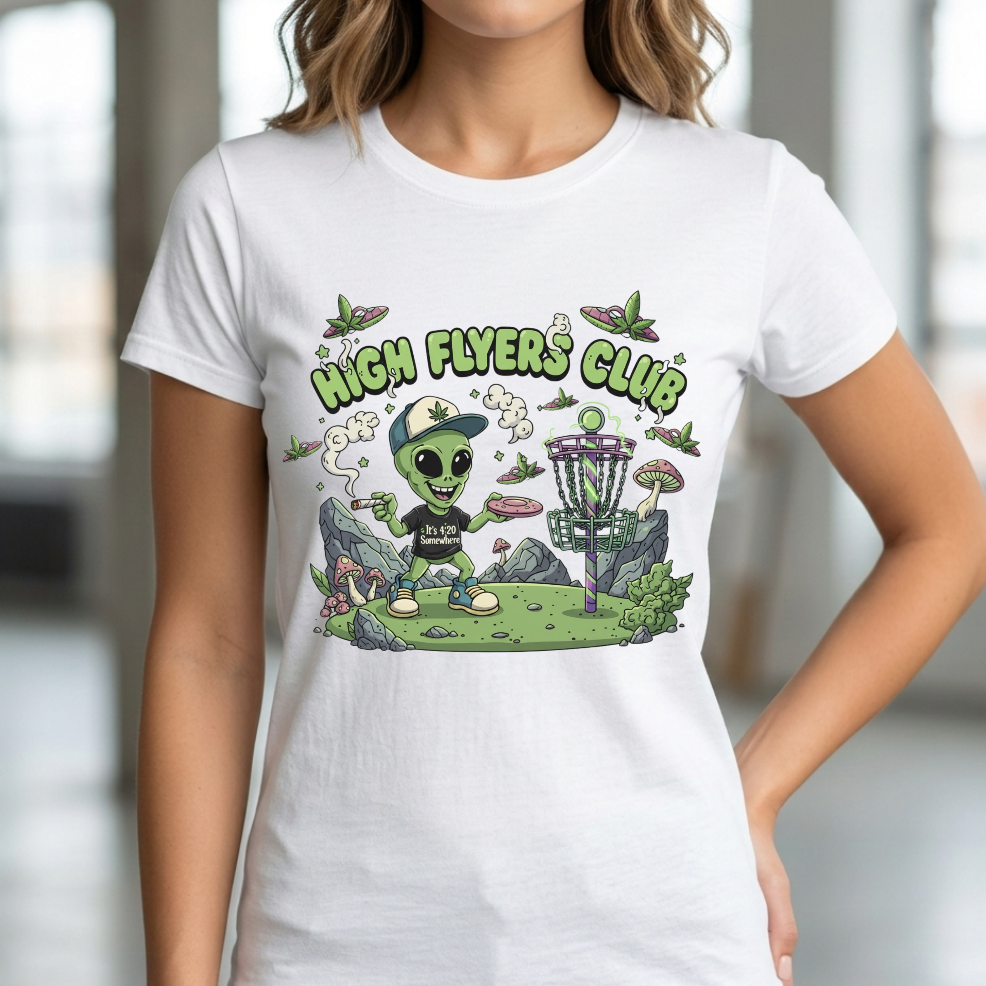 Stoner Alien High Flyers Disc Golf Tee, Funny Unique Space Tee, Cool Graphic Tee for Disc Golf Lovers, Gift for Sport Enthusiasts, Unique