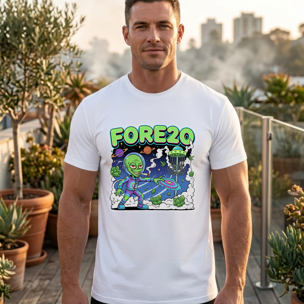Fore20 Alien Disc Golf Themed Tee, Graphic T Shirt, Fun Casual Wear, Summer T-Shirt, Gifts for Science Fiction Lovers, Unique Stoner Tee 420