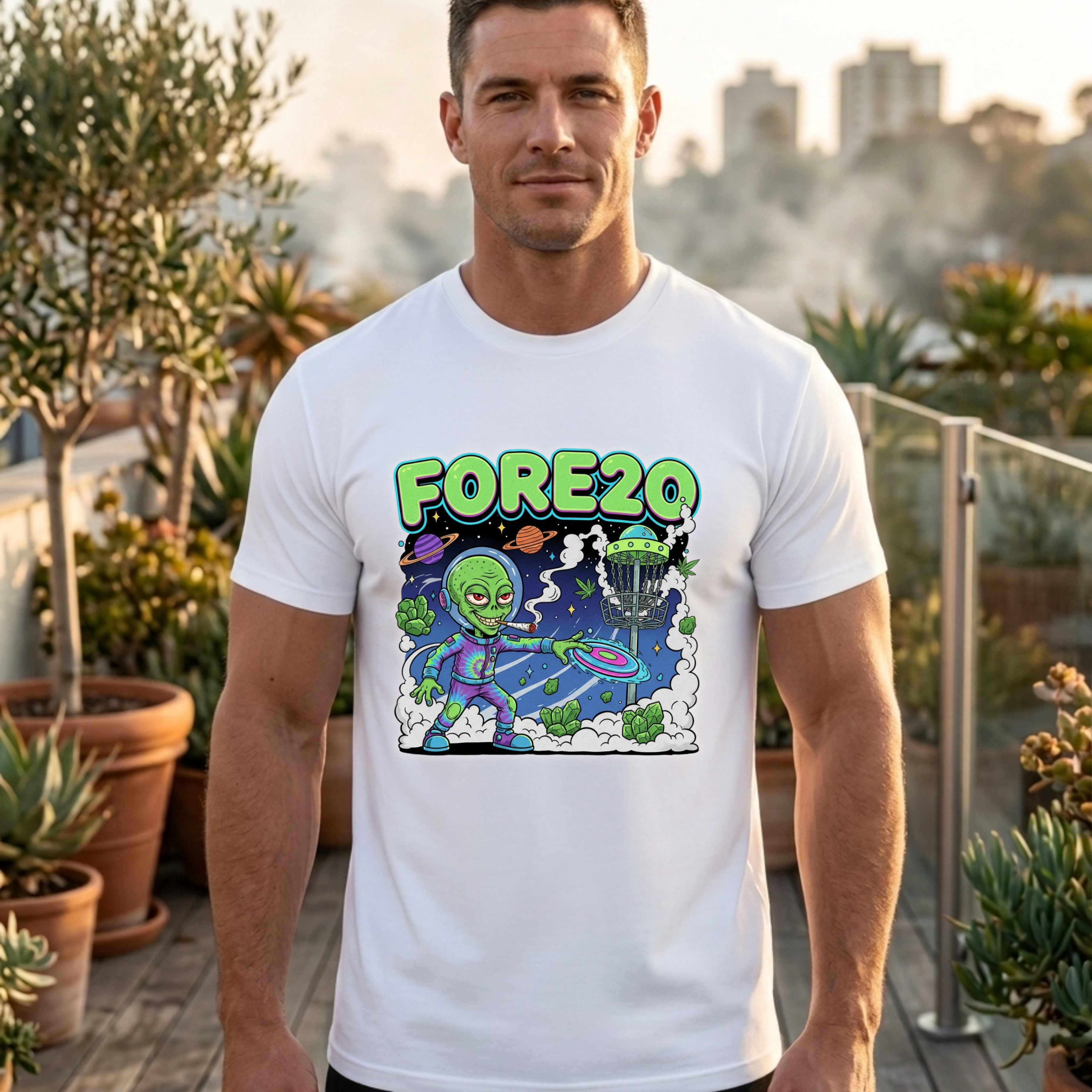 Fore20 Alien Disc Golf Themed Tee, Graphic T Shirt, Fun Casual Wear, Summer T-Shirt, Gifts for Science Fiction Lovers, Unique Stoner Tee 420