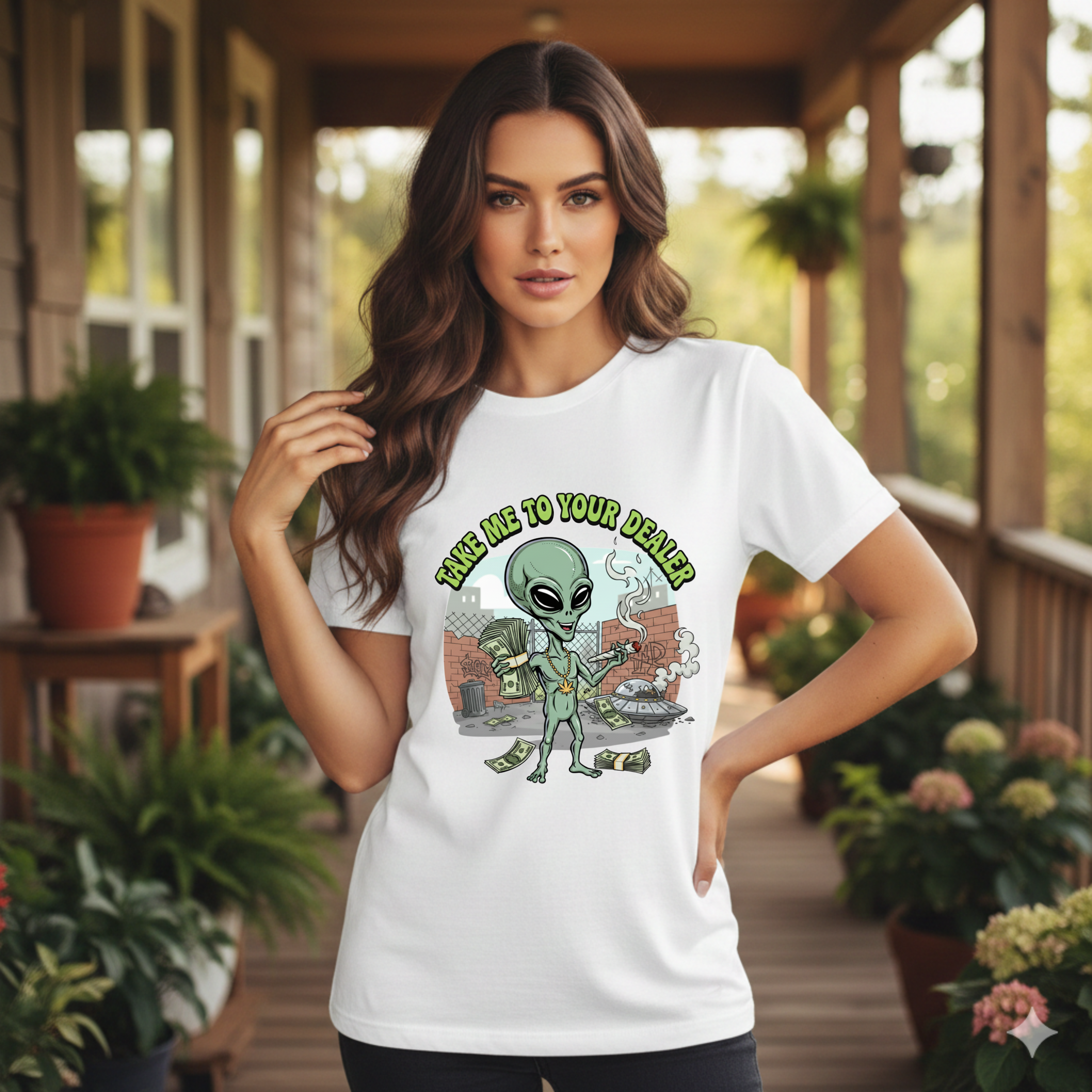 Take Me to Your Dealer Retro UFO Graphic Tee — Funny 420 Alien Cannabis T-Shirt