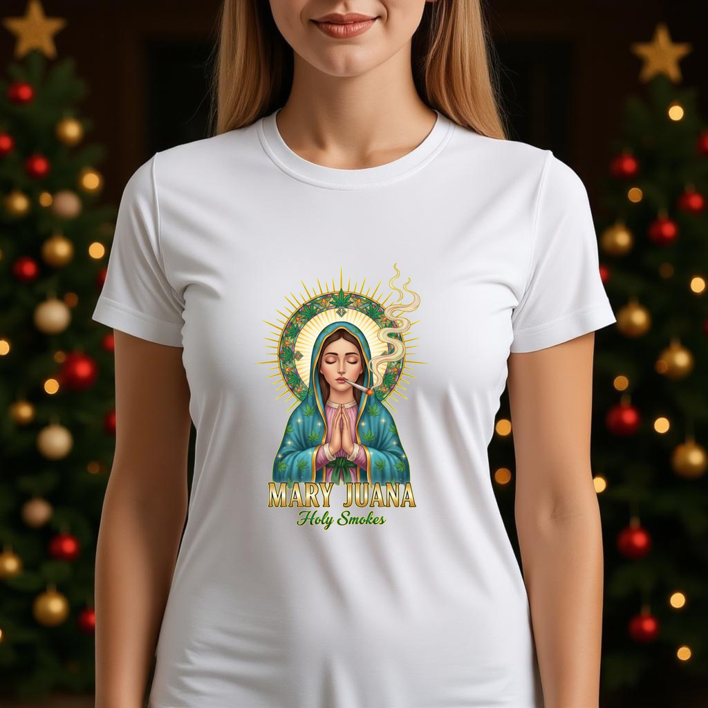 Mary Juana Holy Smokes T-Shirt | Religious 420 Art