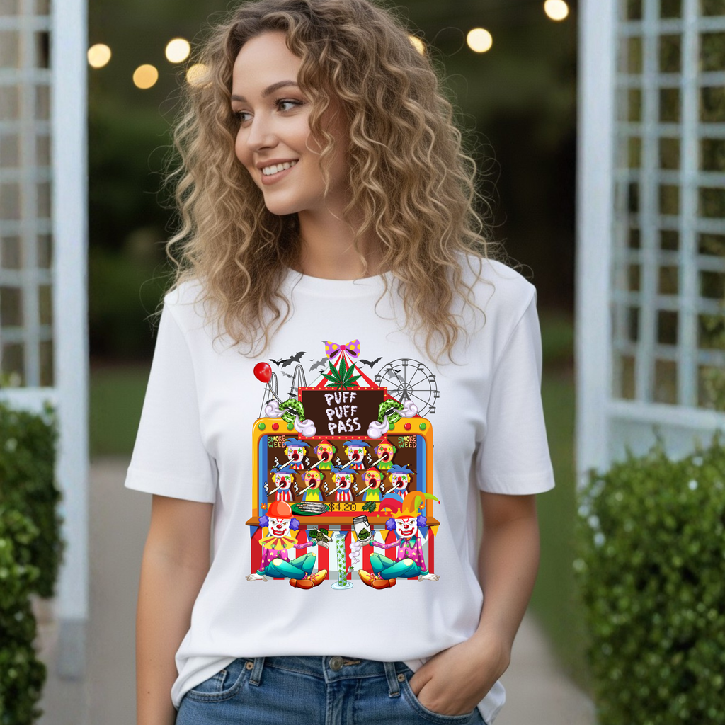 Puff Puff Pass -Colorful Clown Graphic Stoner Tee, Fun Festival T-Shirt, Carnival Top, Playful Party Apparel