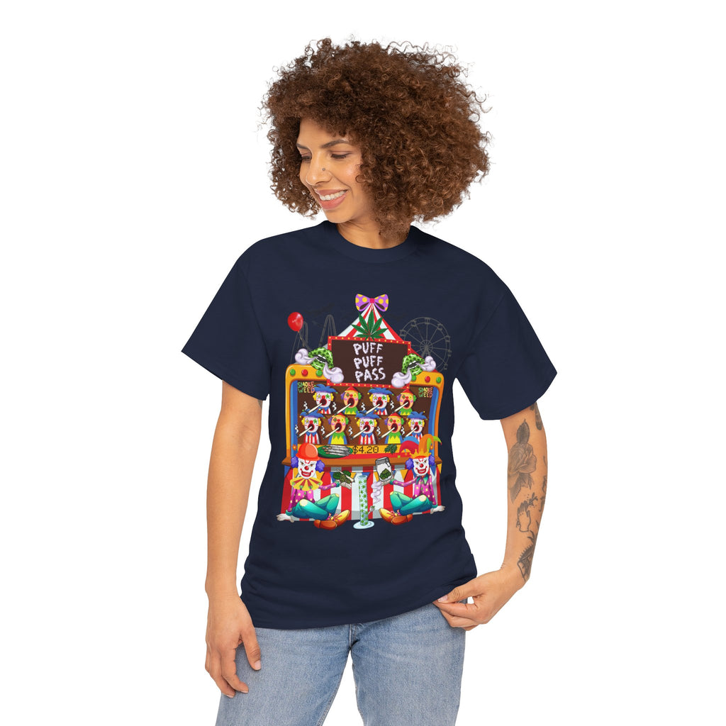 Puff Puff Pass -Colorful Clown Graphic Stoner Tee, Fun Festival T-Shirt, Carnival Top, Playful Party Apparel