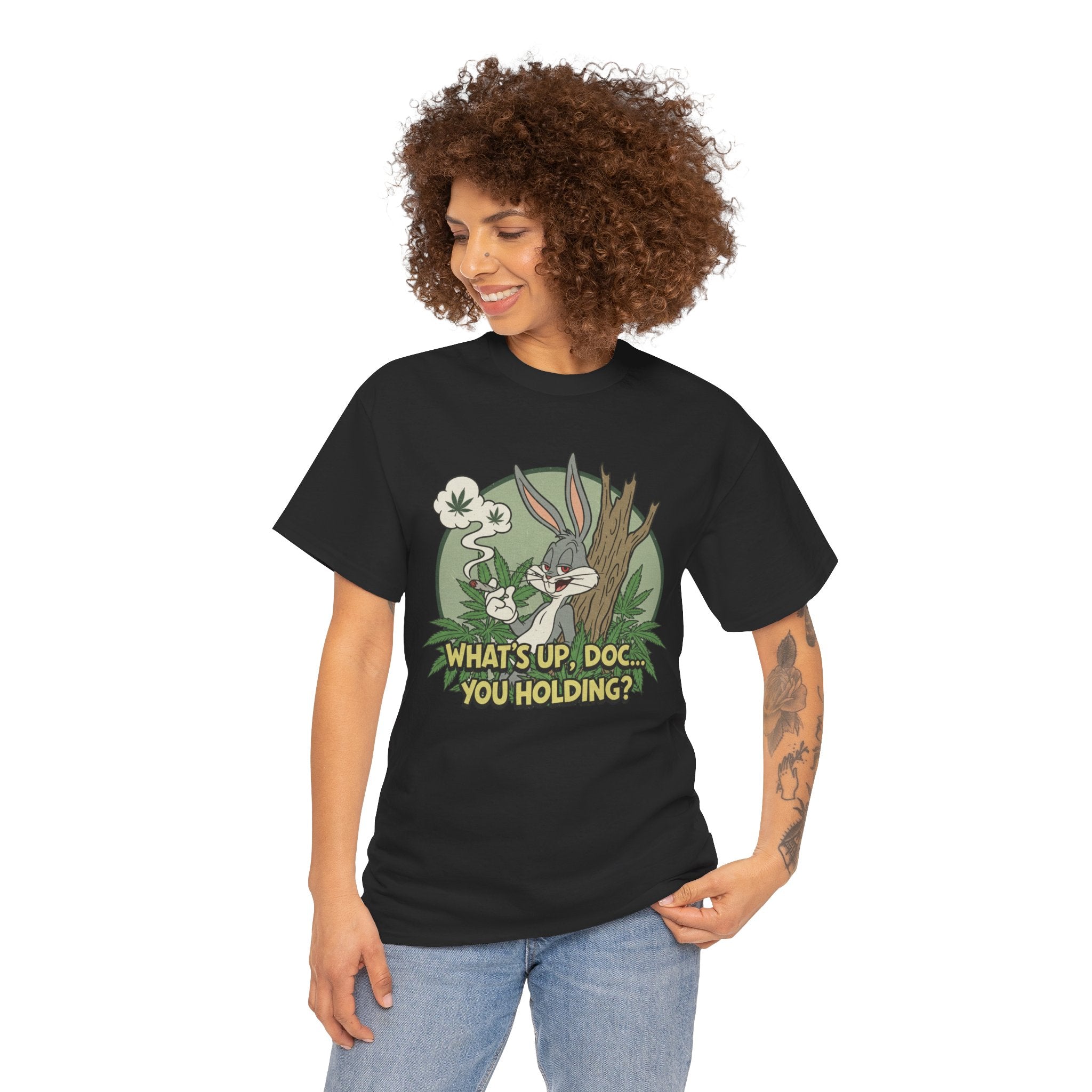 Smirking Stoner Bunny What's Up Doc You Holding? T-Shirt | 80s Cartoon Nostalgia