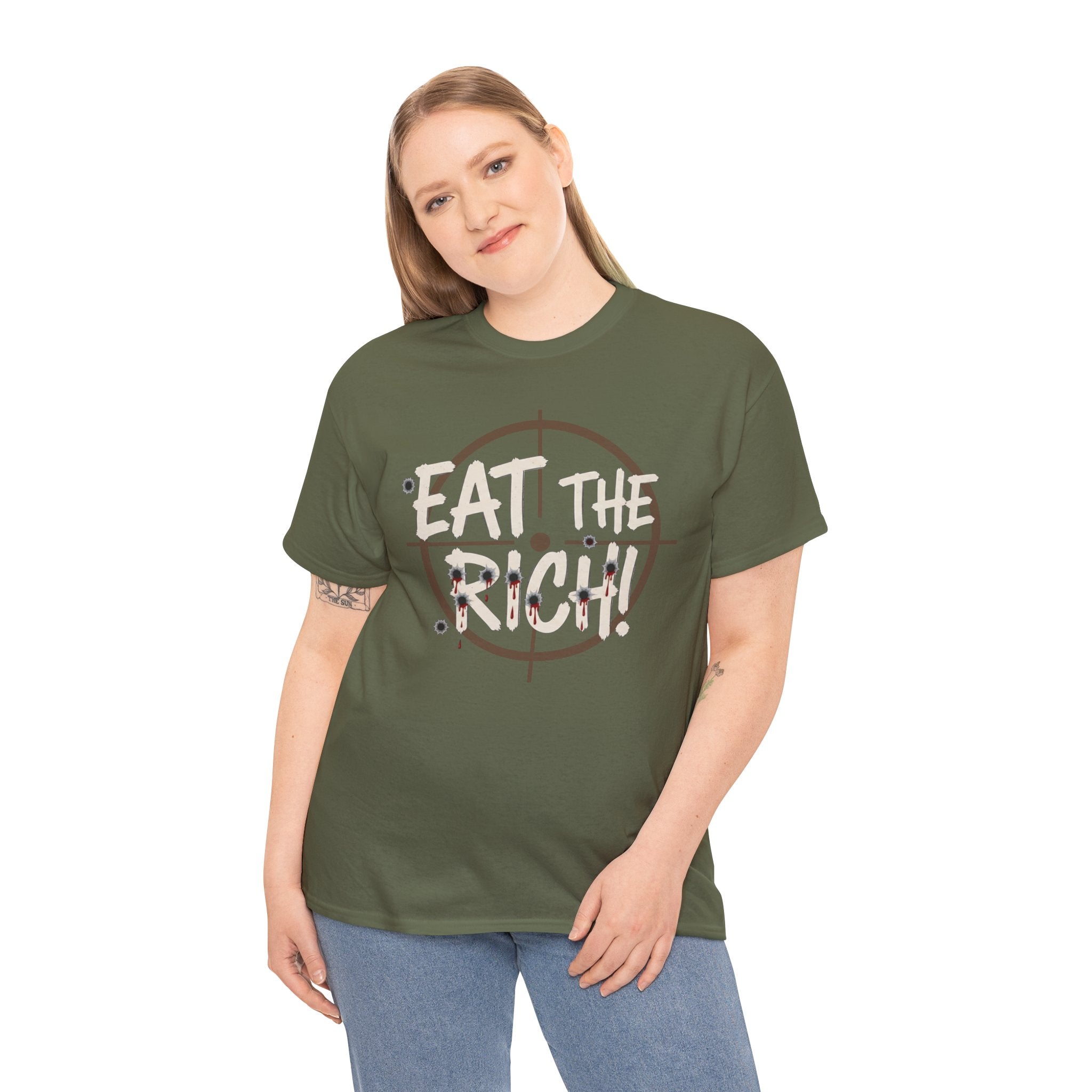 Eat The Rich punk slogan tee | distressed graffiti design, conspiracy