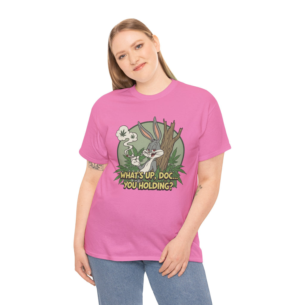 Smirking Stoner Bunny What's Up Doc You Holding? T-Shirt | 80s Cartoon Nostalgia