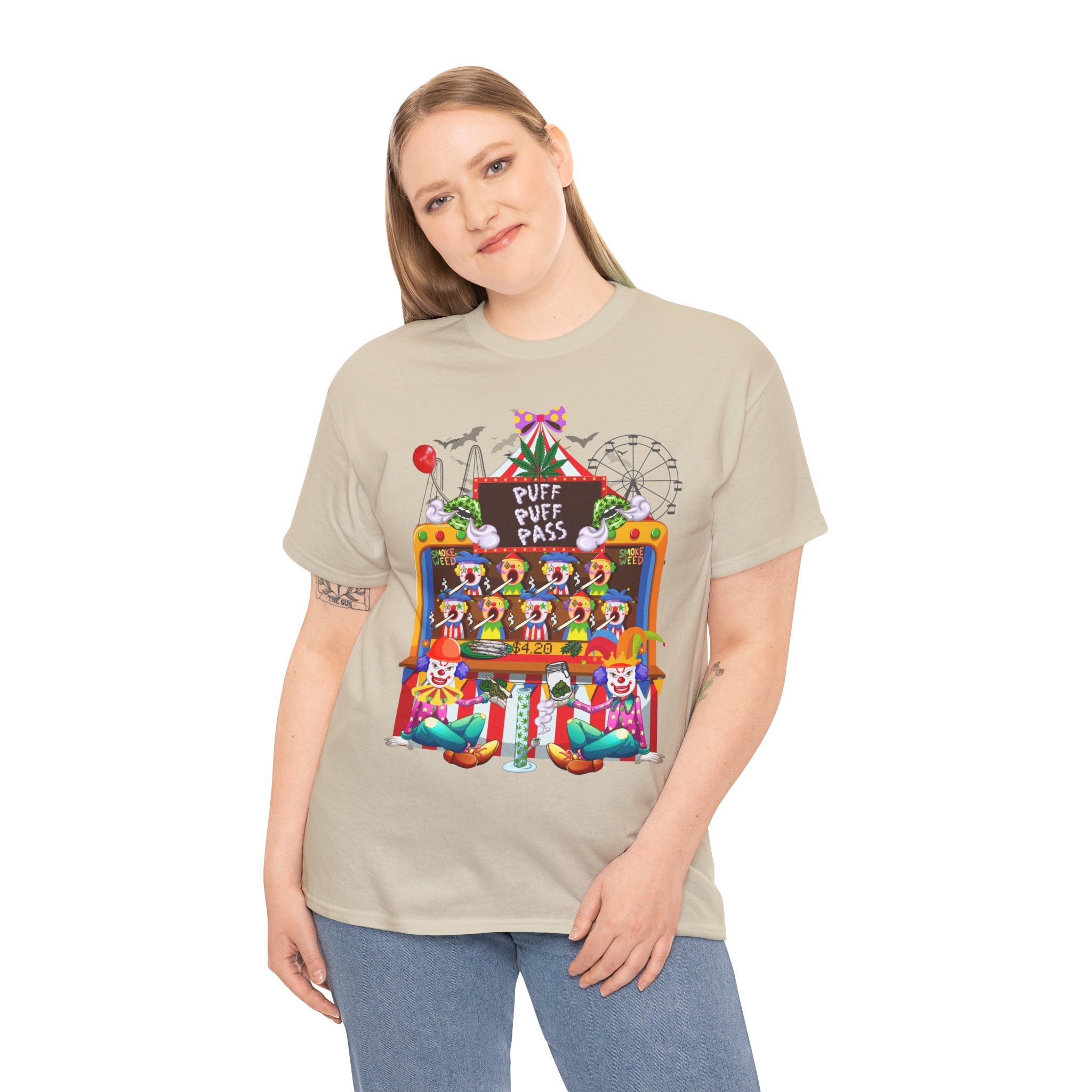 Puff Puff Pass -Colorful Clown Graphic Stoner Tee, Fun Festival T-Shirt, Carnival Top, Playful Party Apparel