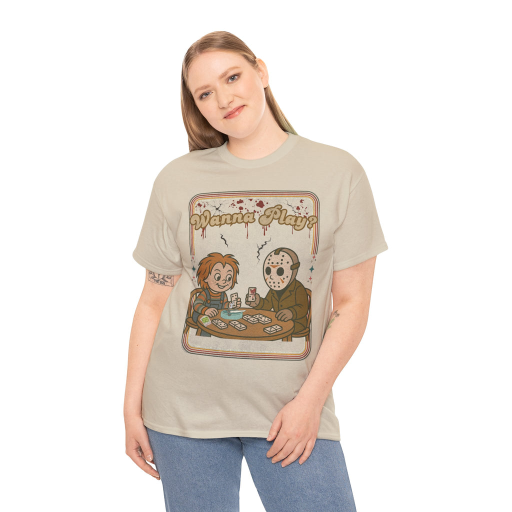 Wanna Play? Chucky and Jason Shirt, Fun Unisex Cotton Tee, Cool Graphic T-Shirt, Perfect Gift for Horror Fans, Unique