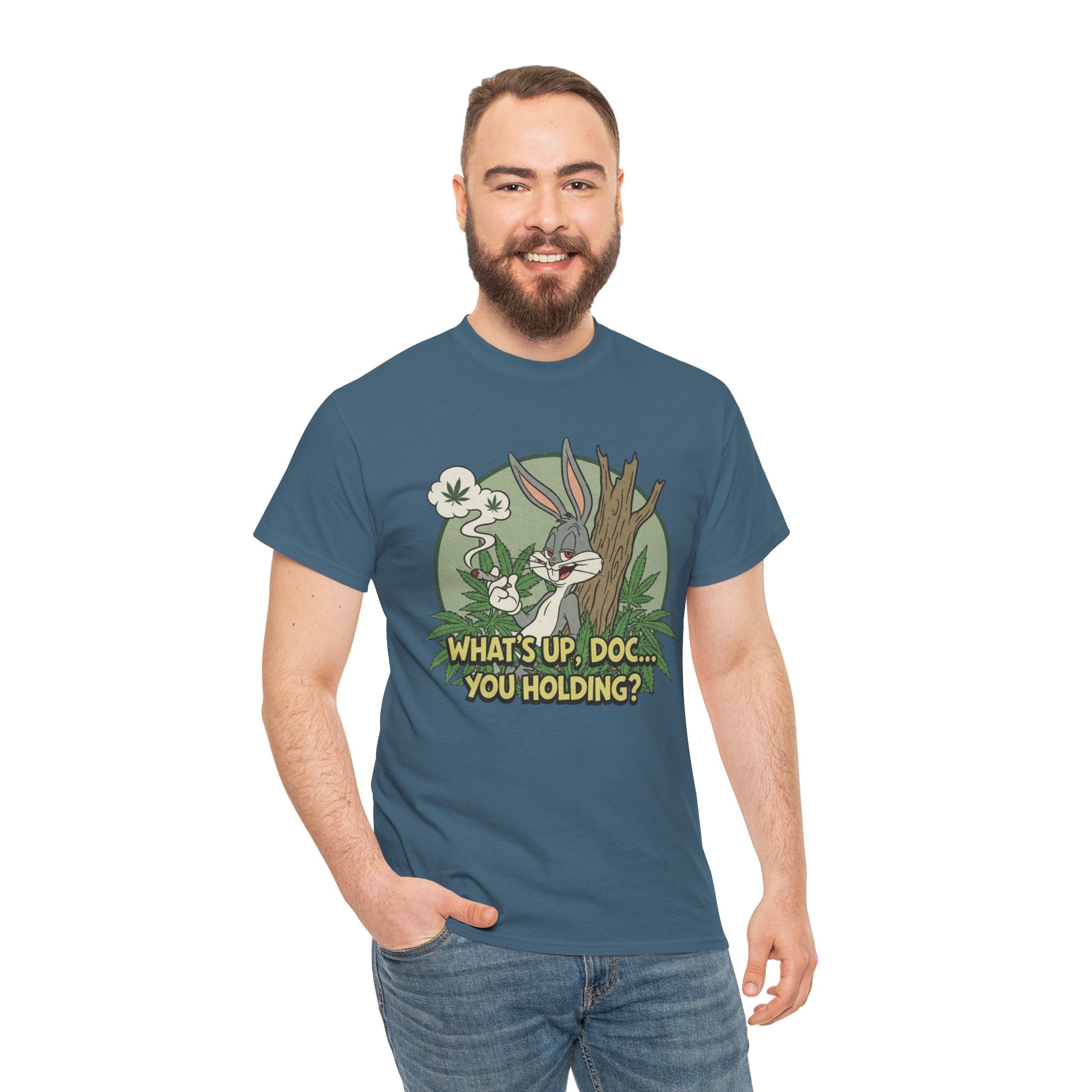 Smirking Stoner Bunny What's Up Doc You Holding? T-Shirt | 80s Cartoon Nostalgia