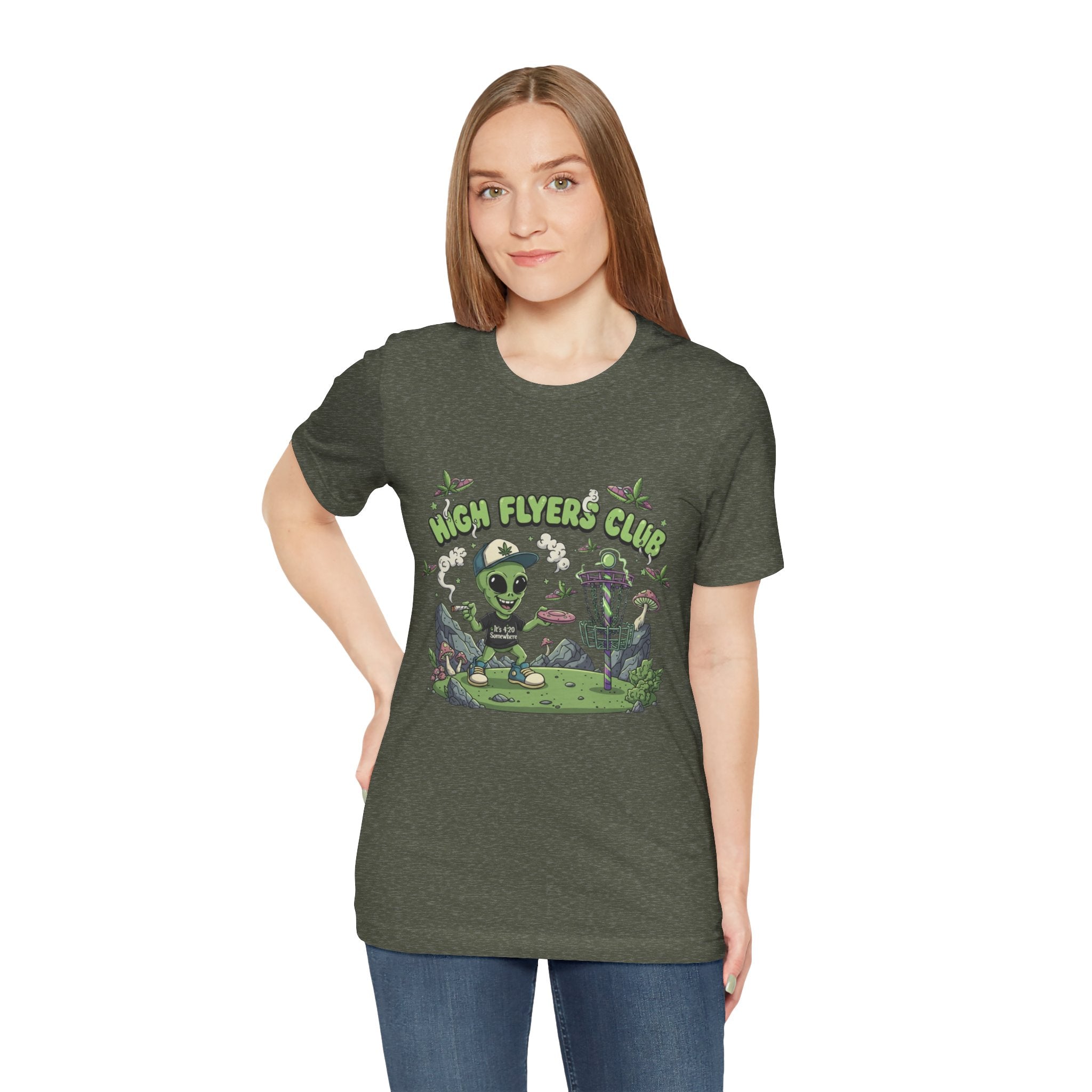 Stoner Alien High Flyers Disc Golf Tee, Funny Unique Space Tee, Cool Graphic Tee for Disc Golf Lovers, Gift for Sport Enthusiasts, Unique