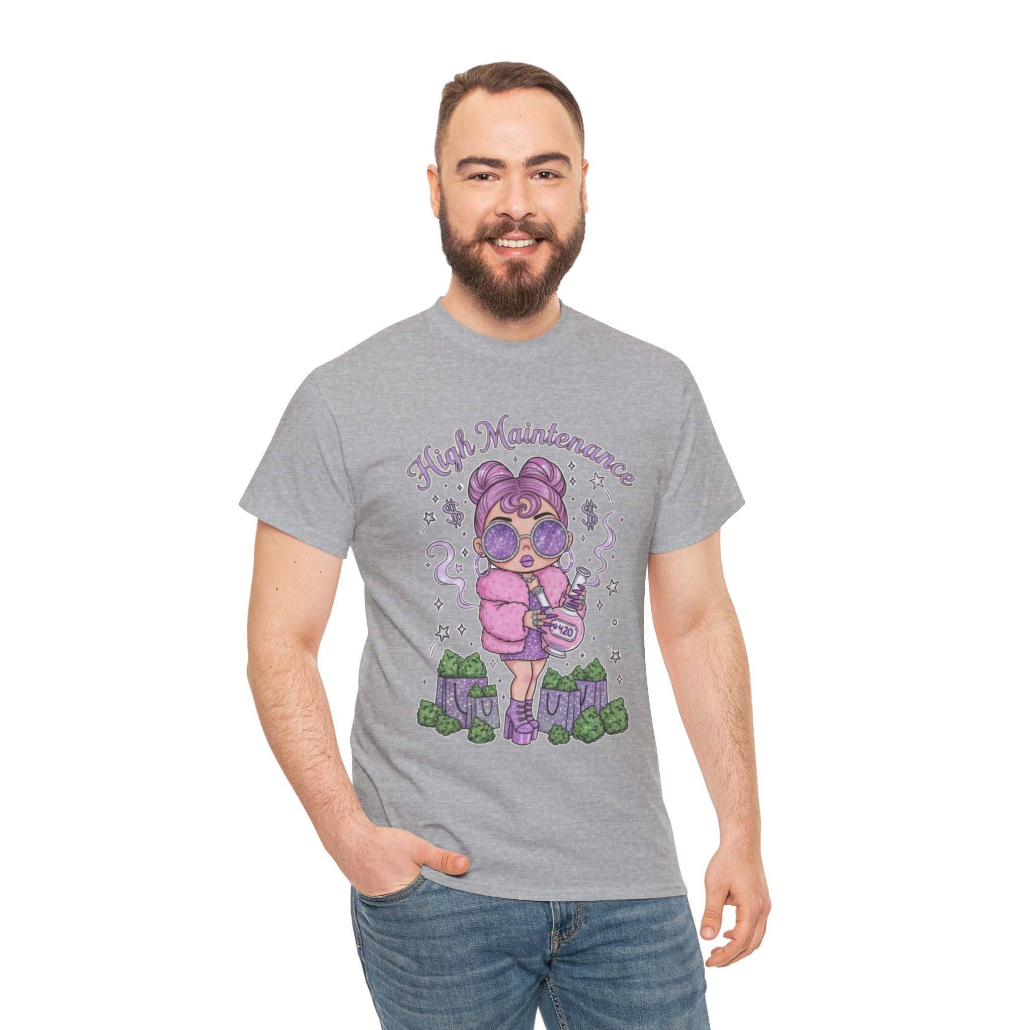 Funny High Maintenance Stoner Unisex Tee, Shopping Graphic Shirt for Men and Women, Hippie Gift, Humorous Tee, Cotton T-Shirt