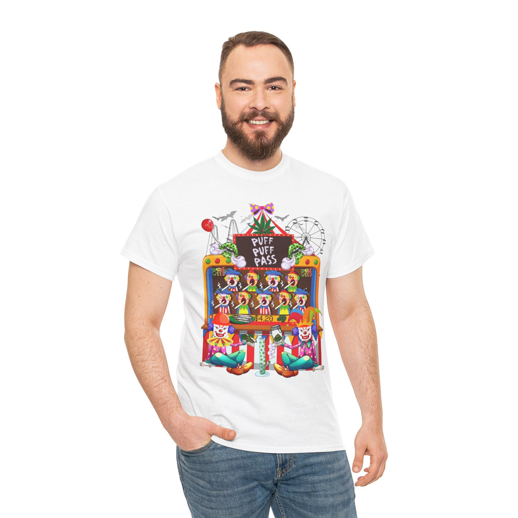 Puff Puff Pass -Colorful Clown Graphic Stoner Tee, Fun Festival T-Shirt, Carnival Top, Playful Party Apparel