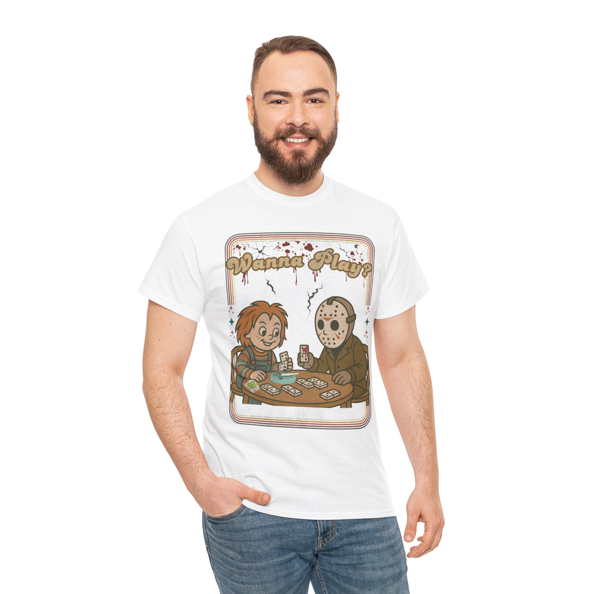 Wanna Play? Chucky and Jason Shirt, Fun Unisex Cotton Tee, Cool Graphic T-Shirt, Perfect Gift for Horror Fans, Unique