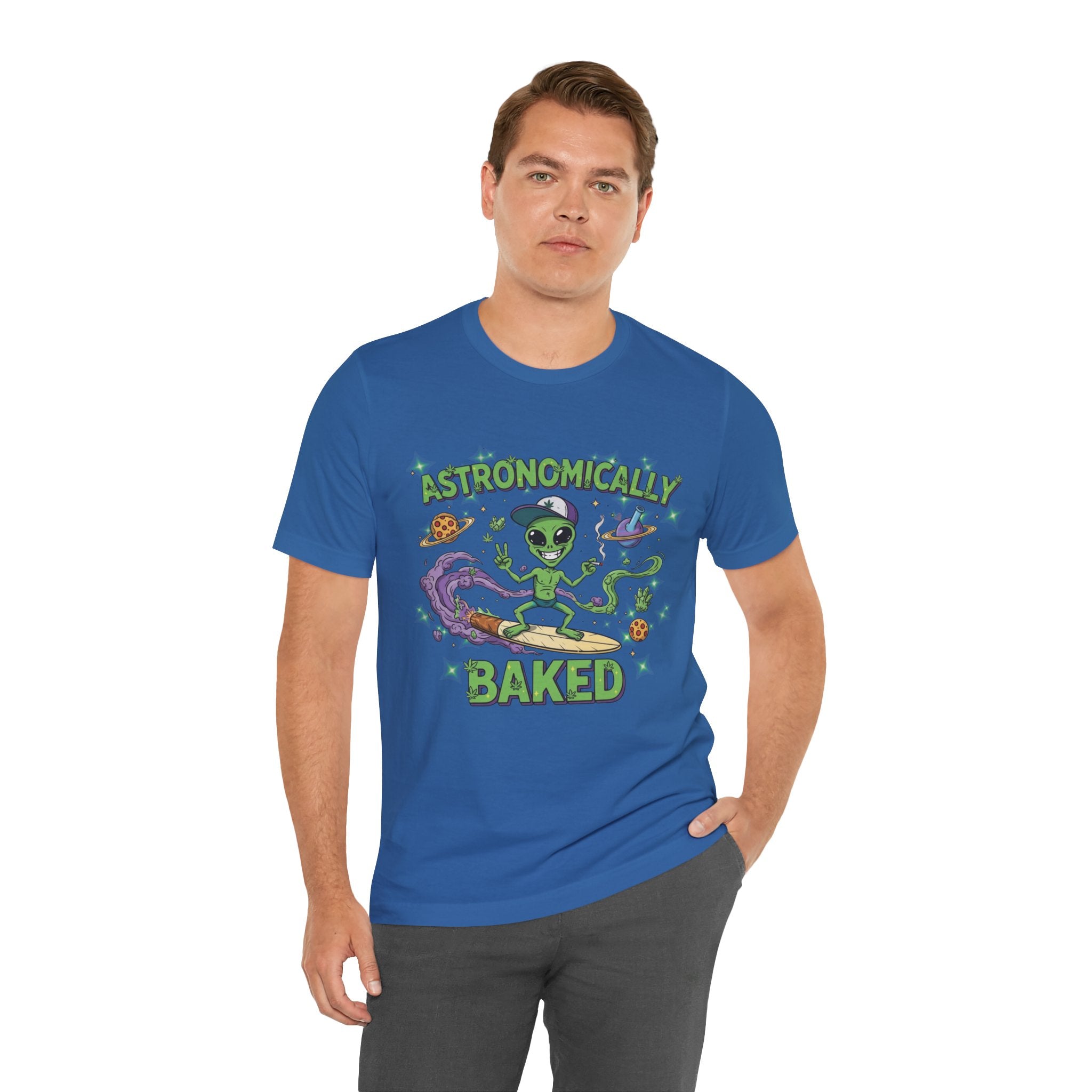 Astronomically Baked Alien Stoner Tee, Funny Graphic Tee, Unisex T-Shirt, Quirky Gift for Space Lovers, Birthday Gift Idea, 420 Weed Lover