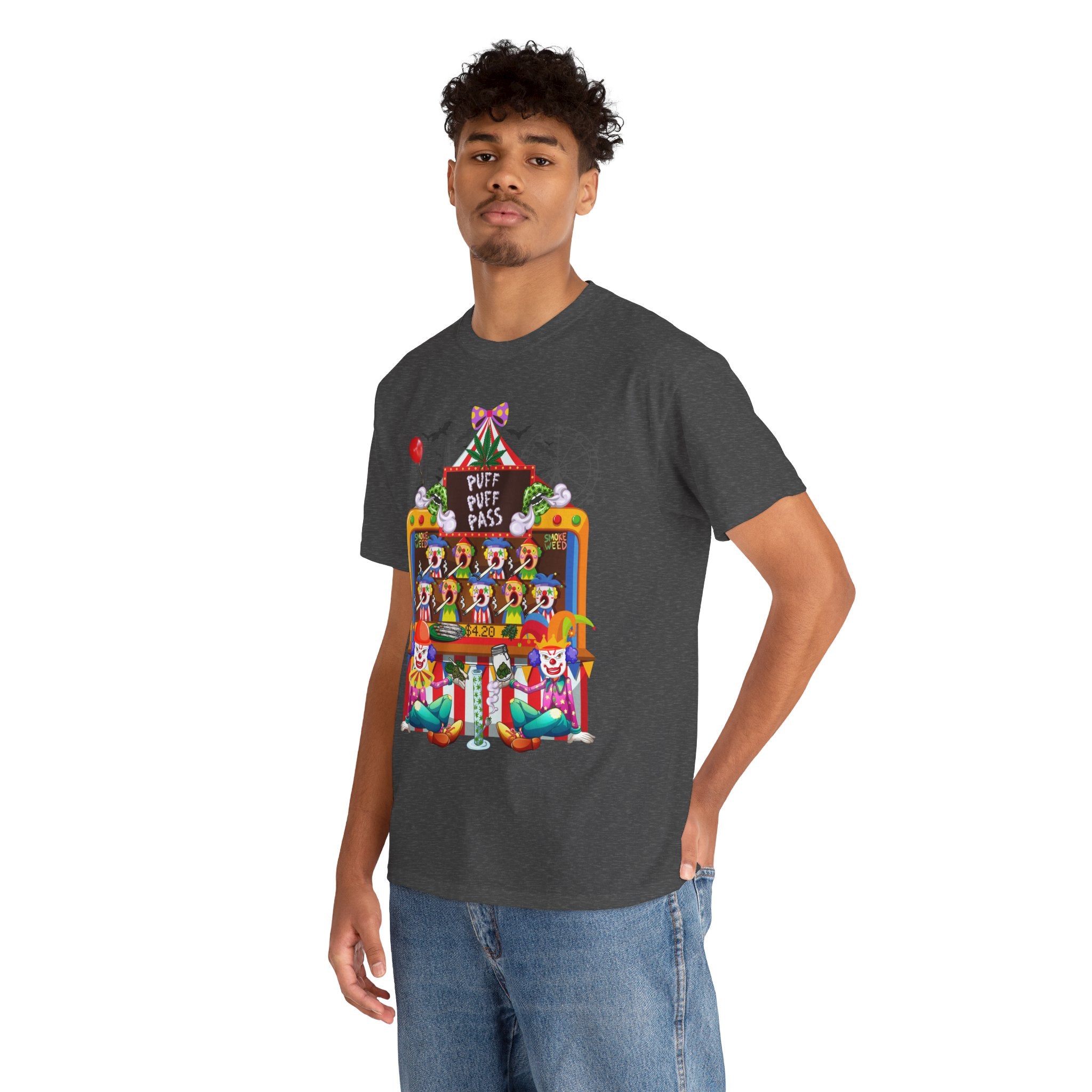Puff Puff Pass -Colorful Clown Graphic Stoner Tee, Fun Festival T-Shirt, Carnival Top, Playful Party Apparel