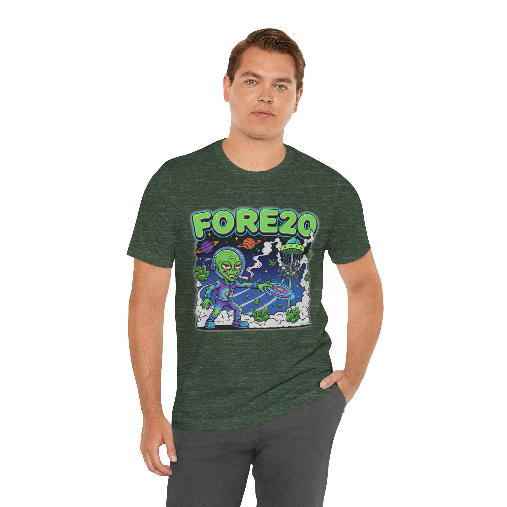 Fore20 Alien Disc Golf Themed Tee, Graphic T Shirt, Fun Casual Wear, Summer T-Shirt, Gifts for Science Fiction Lovers, Unique Stoner Tee 420