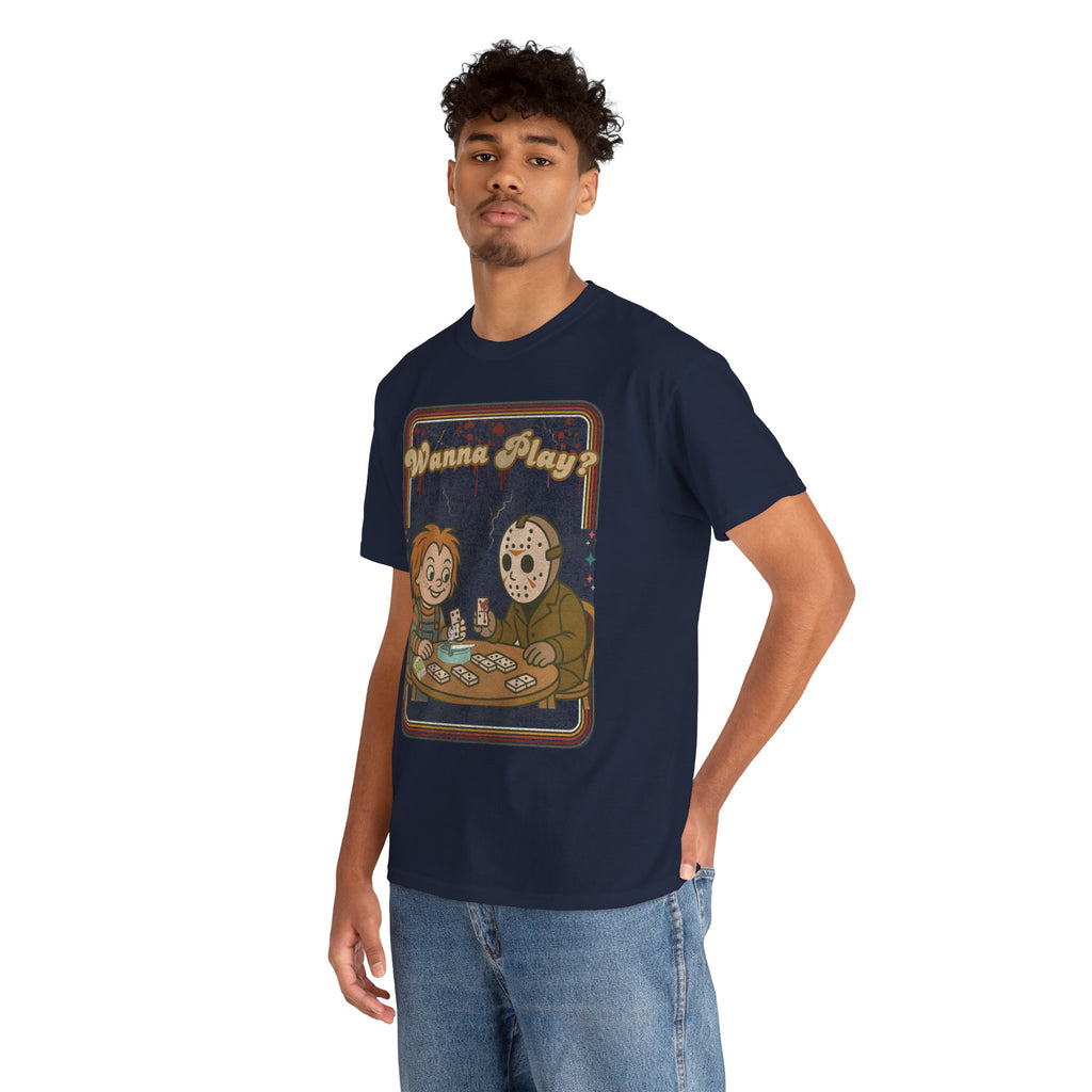 Wanna Play? Chucky and Jason Shirt, Fun Unisex Cotton Tee, Cool Graphic T-Shirt, Perfect Gift for Horror Fans, Unique