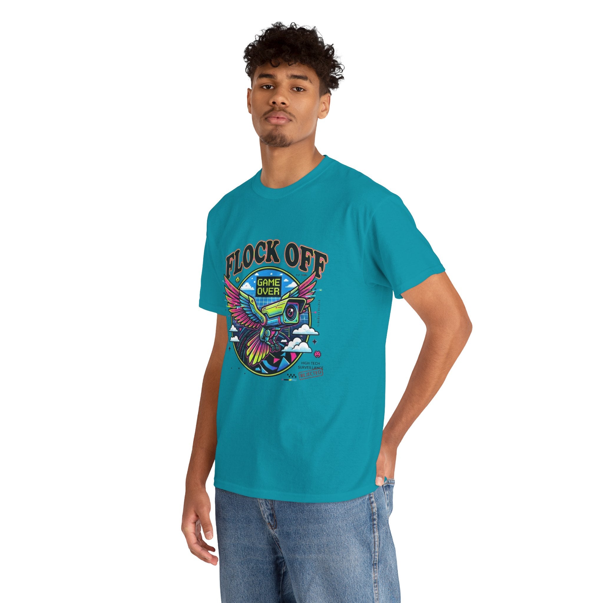 Retro 'Flock Off' Gaming Tee — Colorful Bird Game Over Graphic