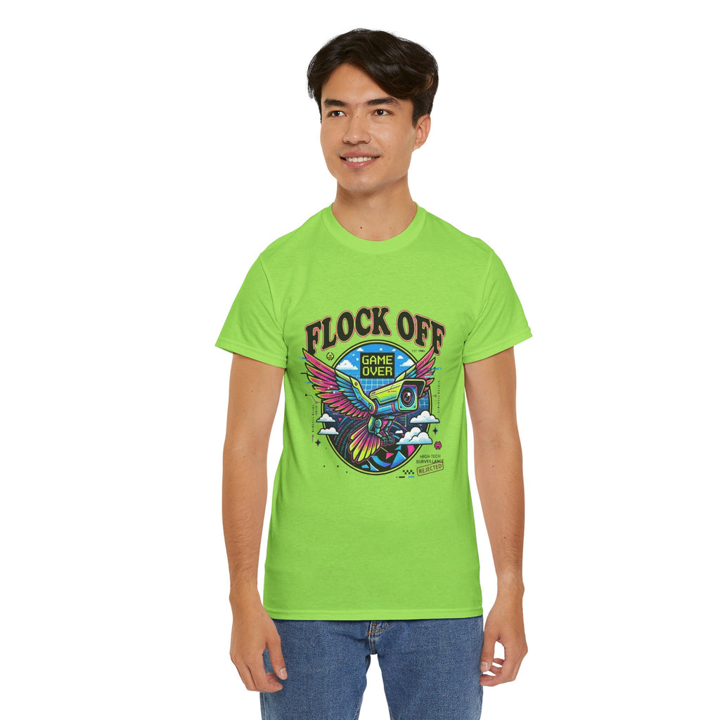 Retro 'Flock Off' Gaming Tee — Colorful Bird Game Over Graphic