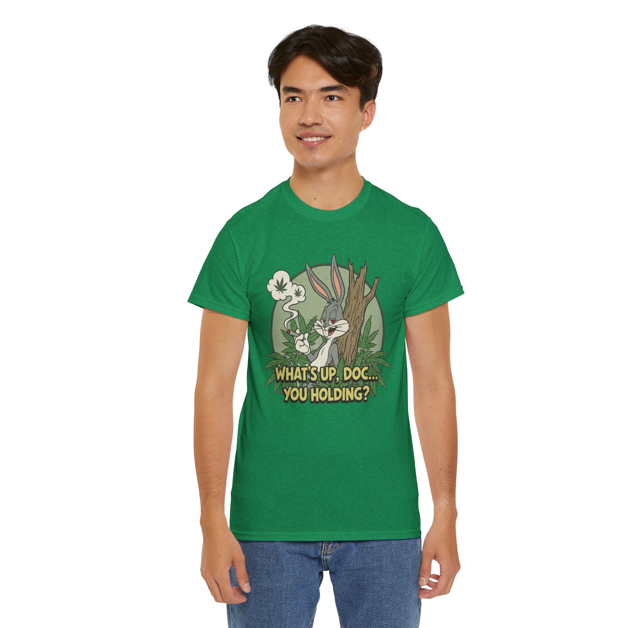 Smirking Stoner Bunny What's Up Doc You Holding? T-Shirt | 80s Cartoon Nostalgia
