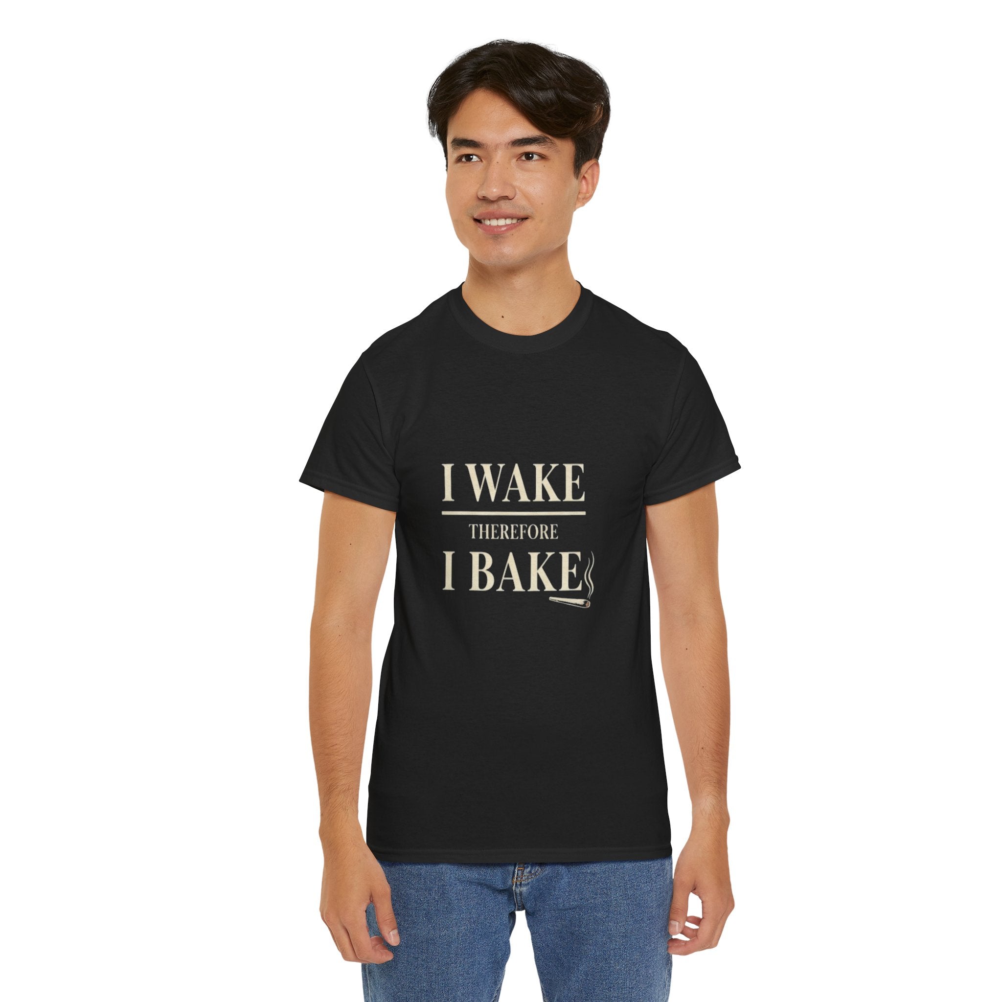 I Wake Therefore I Bake Stoner Humor T-Shirt | 420 Wake and Bake Tee